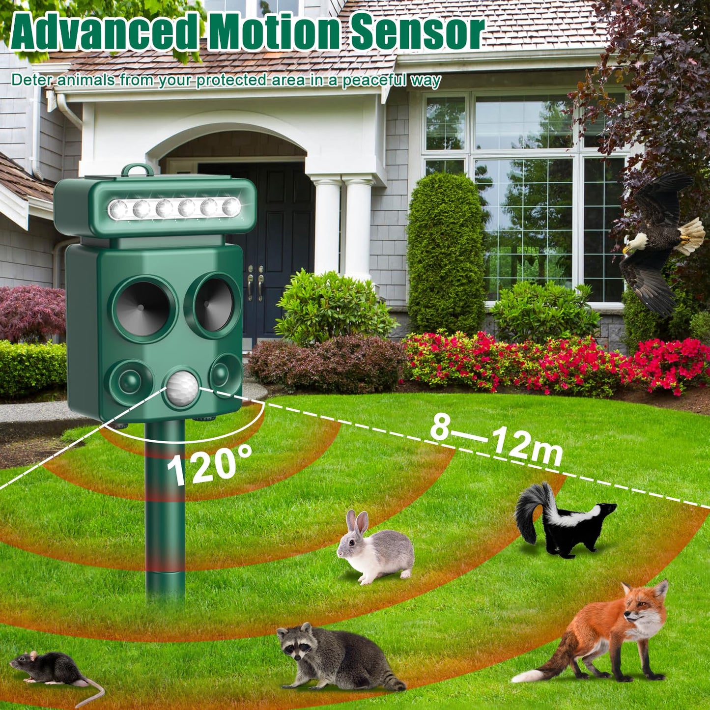 3T6B Animal Deterrent, Solar Powered Animal Deterrent, Cat Control Device with Motion Sensor and FIashing Light, Waterproof Squirrel Chase Device for Home Yard for Deer Raccoon Bobcats