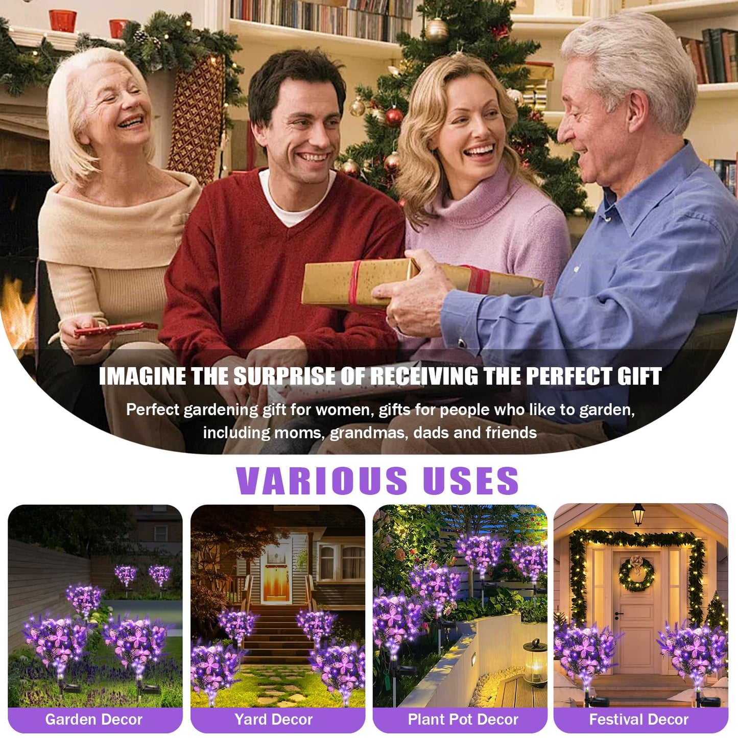 Solar Garden Lights Outdoor, 2 Pack Solar Butterfly Lights Purple Lavender Gardening Gifts for Women, Artificial Flower with Butterfly Purple Garden Decor for Lawn Patio