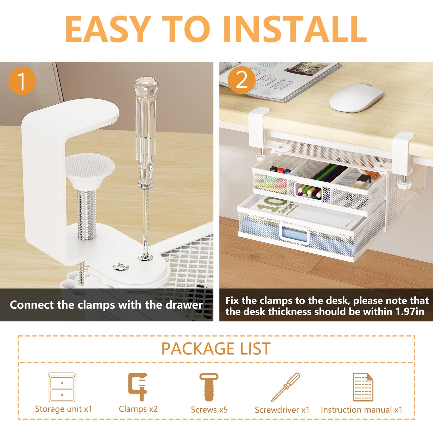ROLIZOE Under Desk Drawer Organizer Clamp On with 2 Drawers Slide Out No Drilling Mesh Metal Drawer On Desktop Or Under Desk Storage Easy Install Anti-Slip Under Shelf Storage for Home Office, White