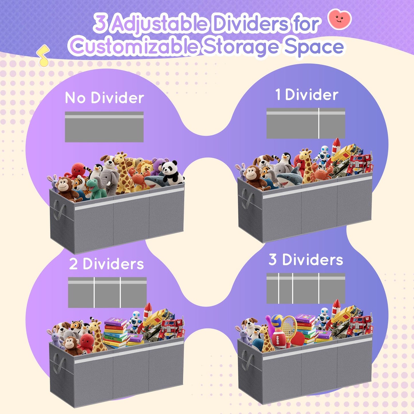 Lewondr Extra Large Toy Chest Storage Bin with Lids, Collapsible Sturdy Toy Chest Storage Box for Boys, Girls, 3 Removable Dividers for Living Room, Playroom, Nursery, Bedroom, 40"*16"*16", Grey