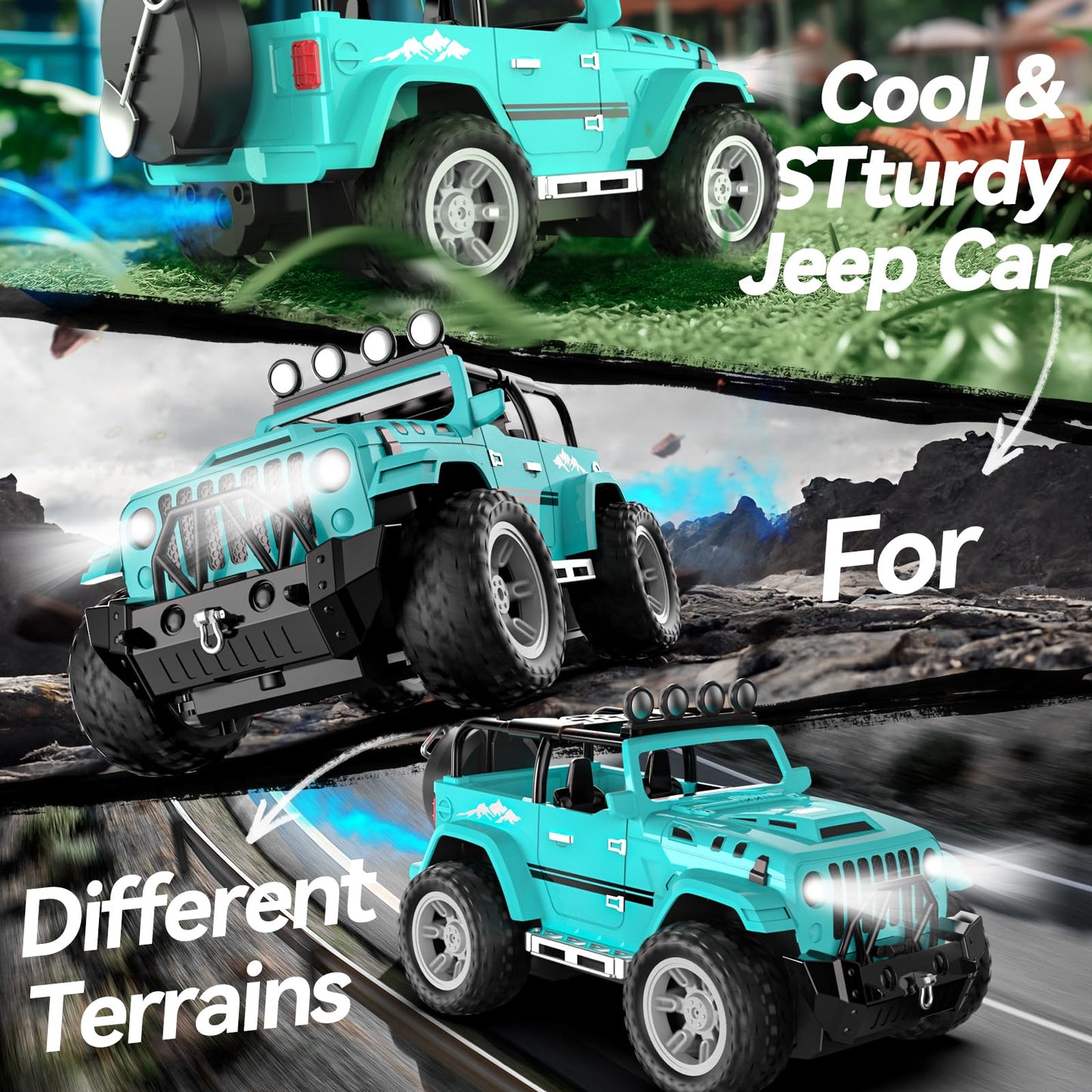 DEERC Jeep RC Car W/Spray Function, Remote Control Car W/Fog Mist, 1:16 Off-Road Truck W/ 2 Batteries, LED Lights& Sound, 50+ Min Play, 2.4Ghz All Terrain SUV Electric Vehicle Toy for Boys Adults