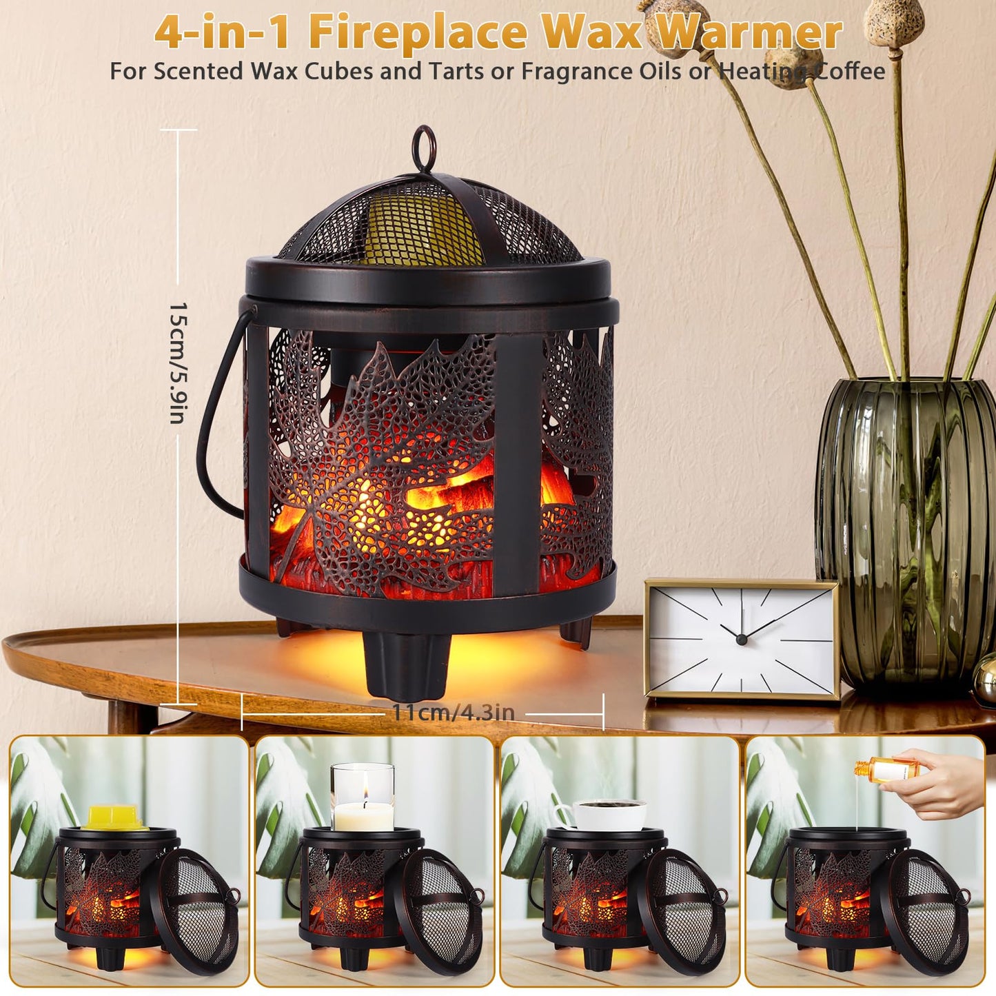 4-in-1 Fireplace Wax Melt Warmer, Full Metal Electric Melter for Scented Melts, Oil Burner, Aromatherapy Essential for Home & Office (Maple Leaf)