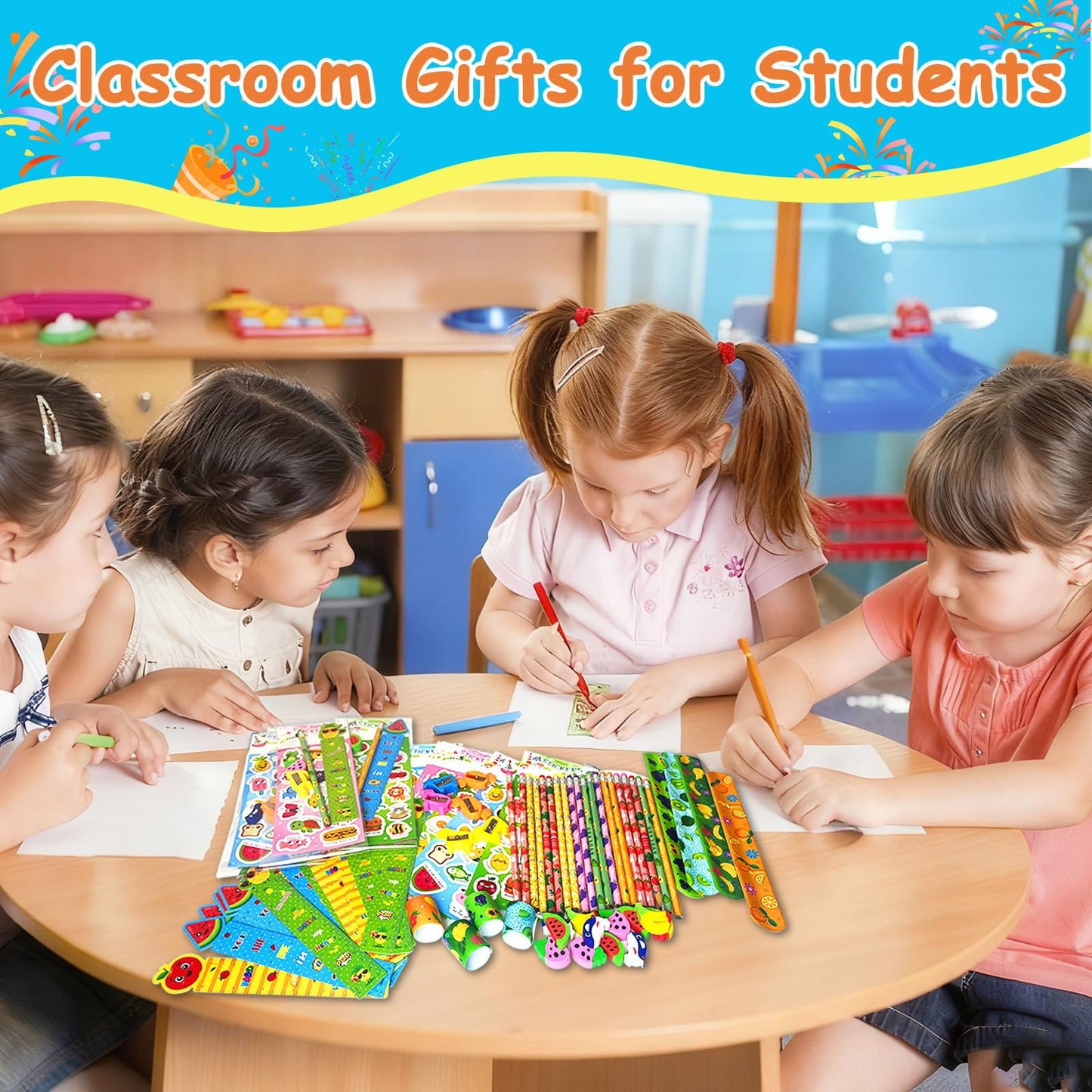 Stationery Party Packs, Birthday Goodie Bags with Stickers Rulers Pencils Erasers Sharpeners Slap Bracelets for Goodie Bags Classroom Return Gifts Class Birthday Gifts for Student (28Pack)