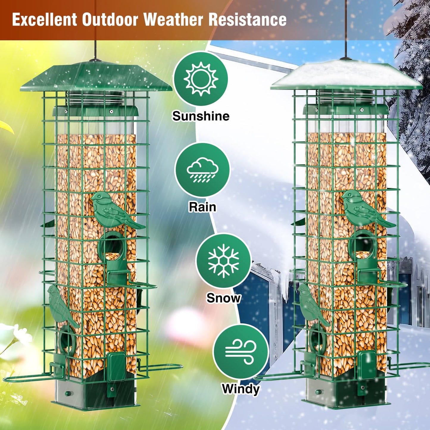 GAINSEN Squirrel Proof Bird Feeder, Metal Bird Feeders for Outdoors Hanging, Weight Activated, 3 Lb Capacity, 4 Ports, Tube Bird Feeder for Outside, Cardinal Finch Bluebird Wild Bird Feeder
