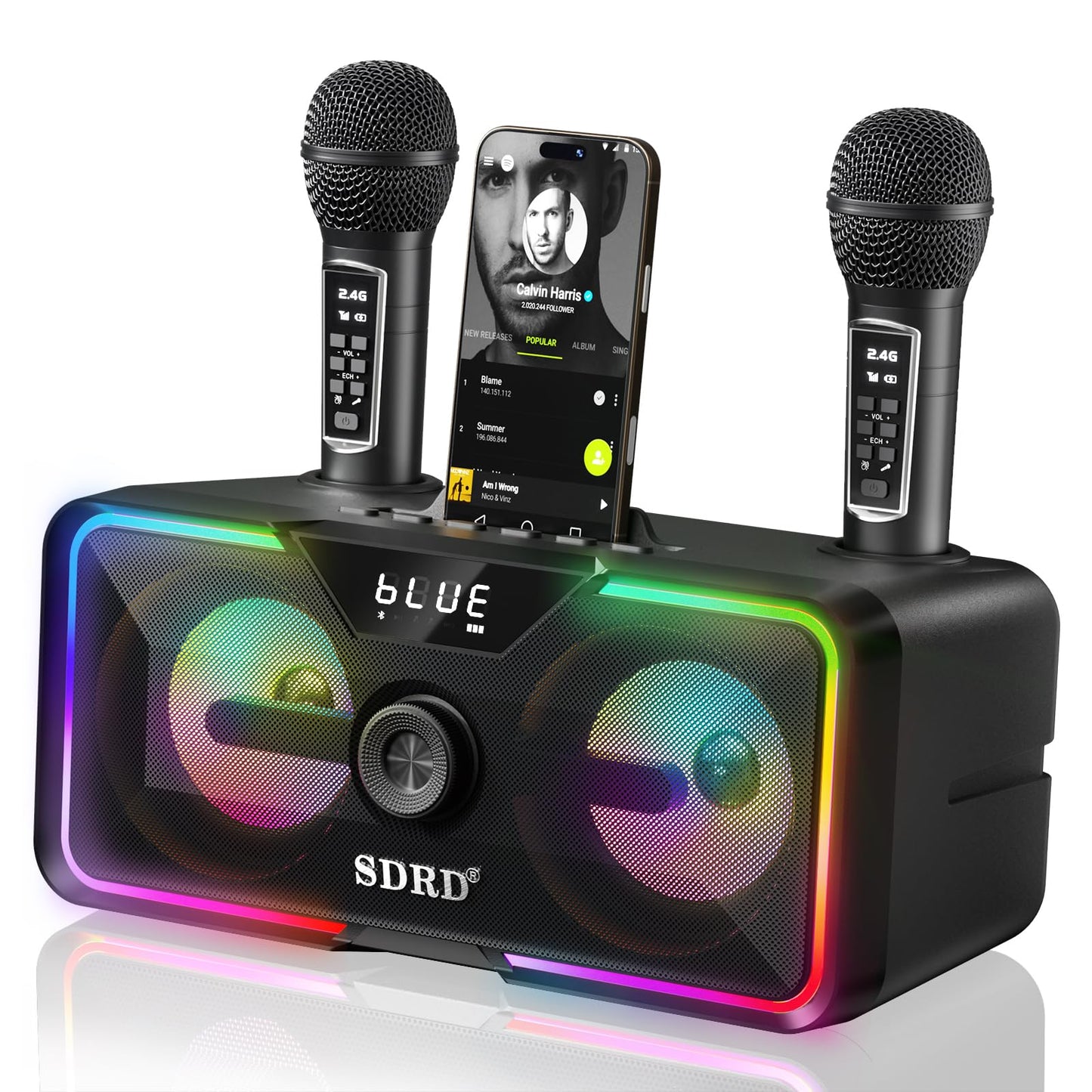 SDRD Karaoke Machine for Adults & Kids – 2 Wireless Mics, Powerful Loud Sound, Bluetooth, Rechargeable, Foldable Handle, LED Lights, Supports USB/AUX, for Home Parties Gatherings Gifts (SD-215)