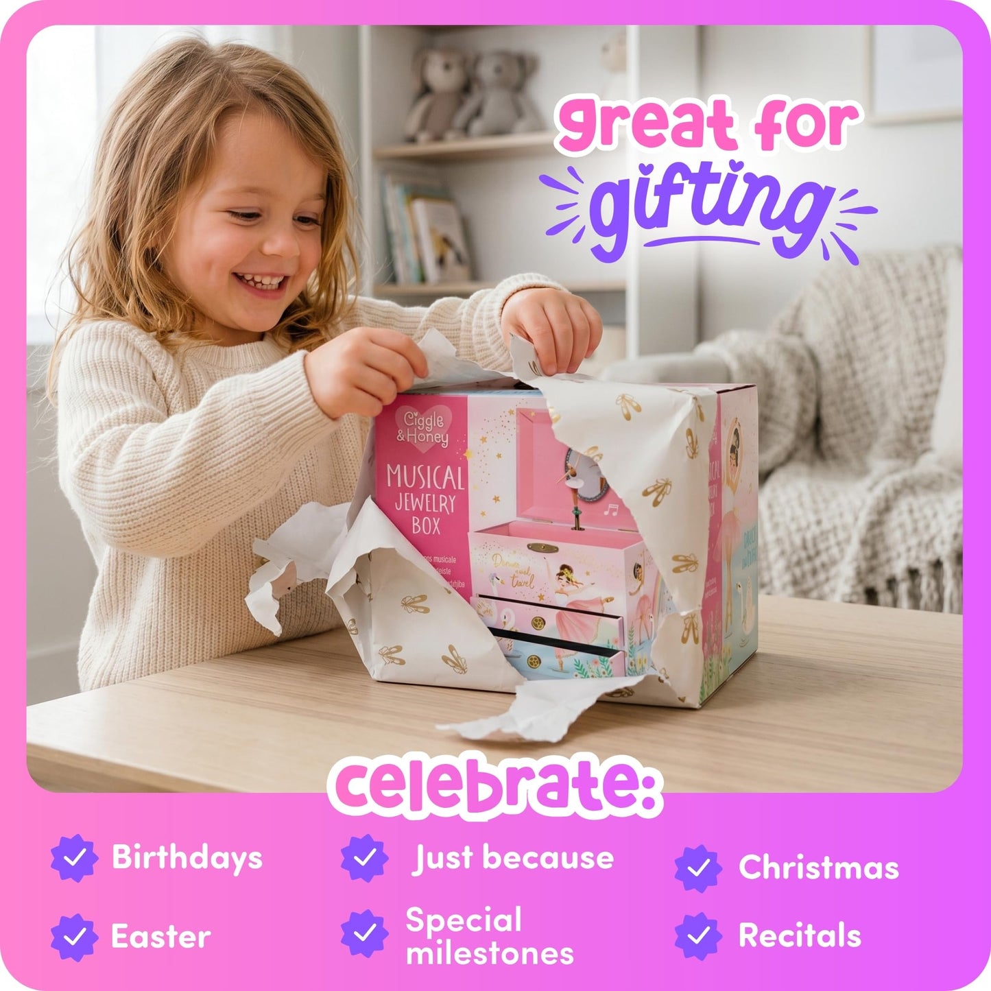 Musical Unicorn Jewelry Box for Girls - Kids Music Box, Unicorn Birthday Gifts for Little Girls, Jewelry Boxes, 6.8 x 5.3 x 6 in - Ages 3-10