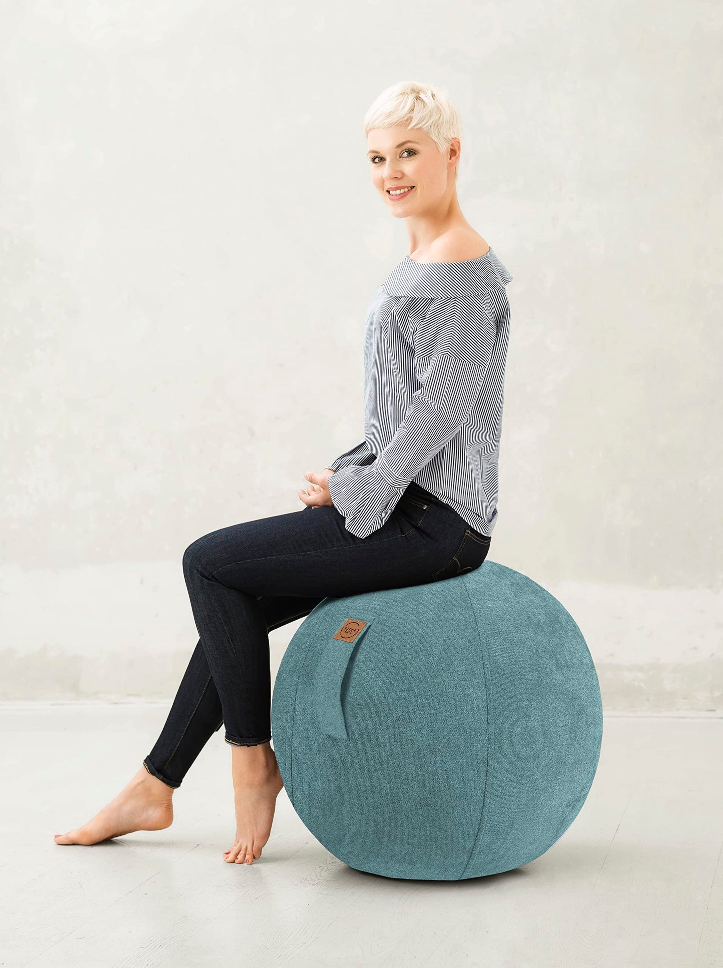 Gouchee Home Alfa Sitting Ball European Design Exercise Ball Chair for Offices, Home Pilates, Ergonomic Posture, Balance, Stability and Fitness Aesthetic Swiss Ball with Soft Cover and Handle. Petrol