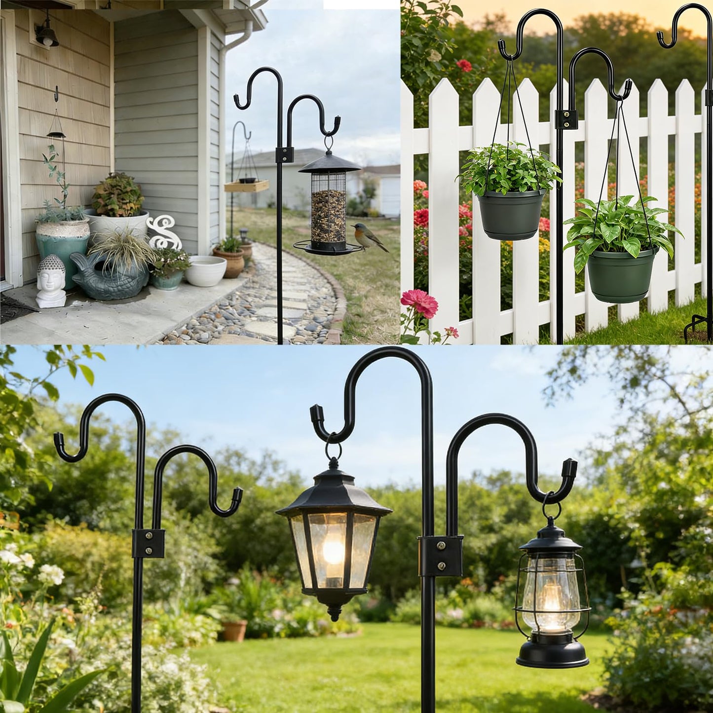 76 inch Double Shepherds Hook with 5 Prongs, Heavy-Duty Metal Bird Feeder Pole Stand, 28.5 to 76 inch Adjustable Garden Holder for Hanging Plant, Wind Chimes, Wedding Garden Outdoor Deco ect