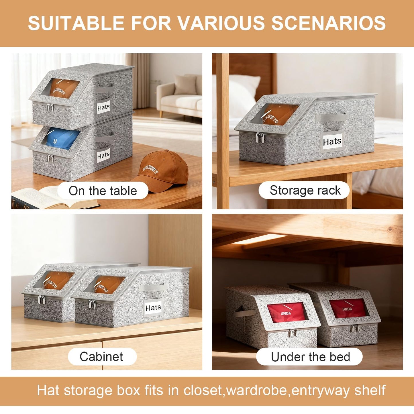 2PCS Hat Storage Box for Baseball Caps - Stackable Foldable, Hat Organizer for Closet, Baseball Cap Storage Box, Hats Storage Bins with Handle for Shelf or Wardrobe, Grey