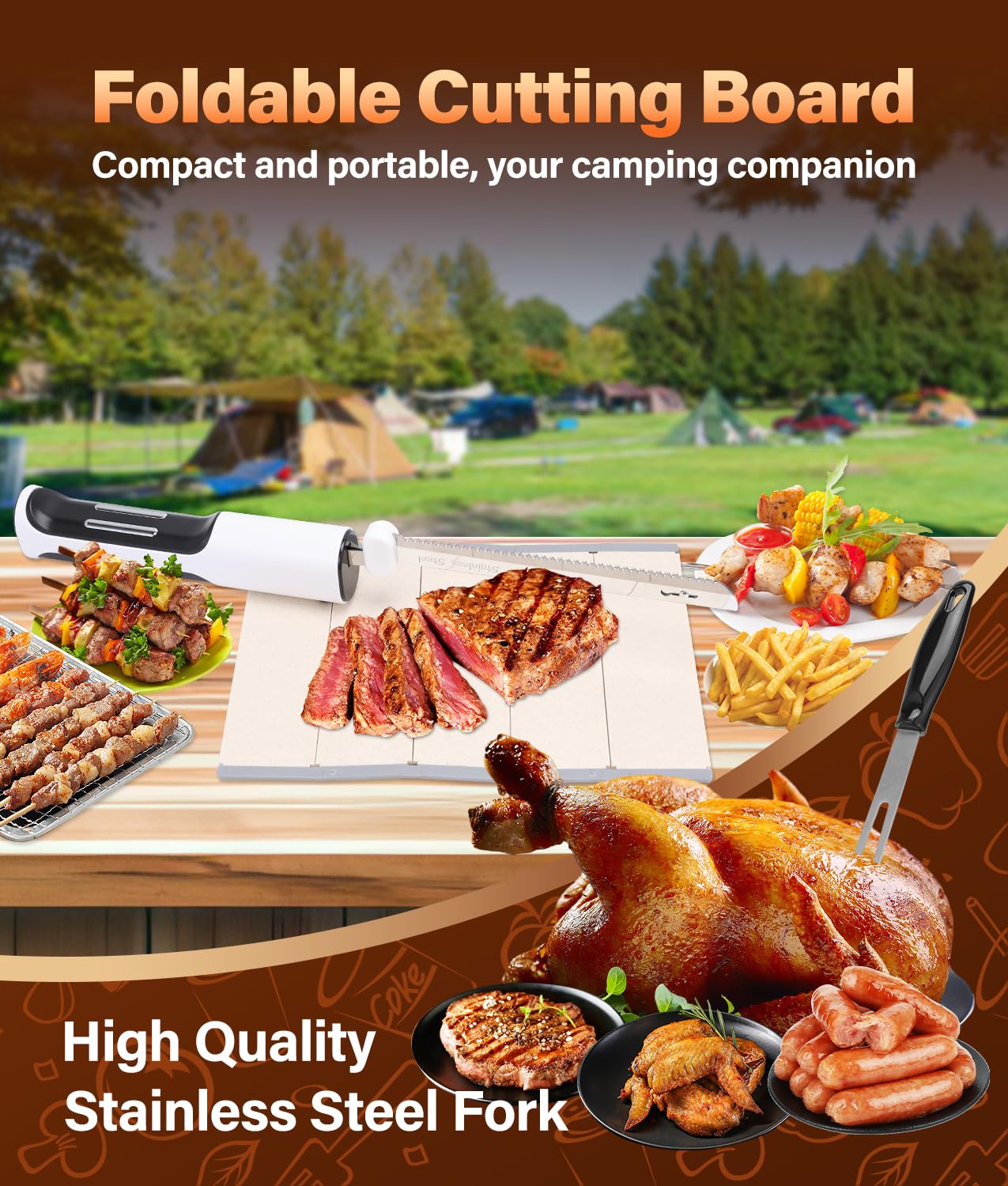 HK Cordless Electric Carving Knife for Meats, Poultry, Bread, Crafting Foam & More, Included Dual 304 Stainless Steel Blades, Fork, Foldable Cutting Board, Newly Upgraded Tactile Control