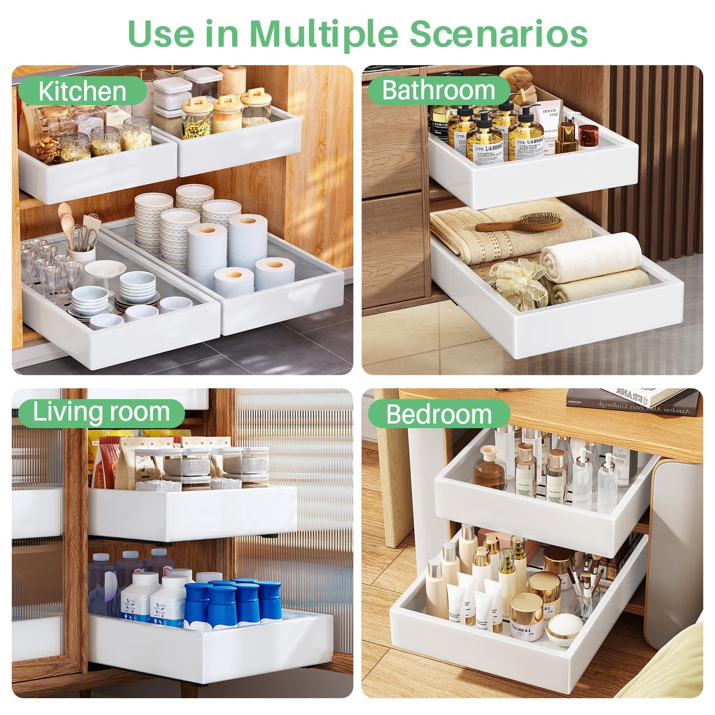 Pull out Cabinet Organizer, 21"Deep, 16.9"Wide Full-Extension Heavy Duty Slide out Drawers with Nano Adhesive, Roll Out Shelf Sliding Cabinet Storage for Kitchen, Bathroom, Pantry, Under Sink(White)