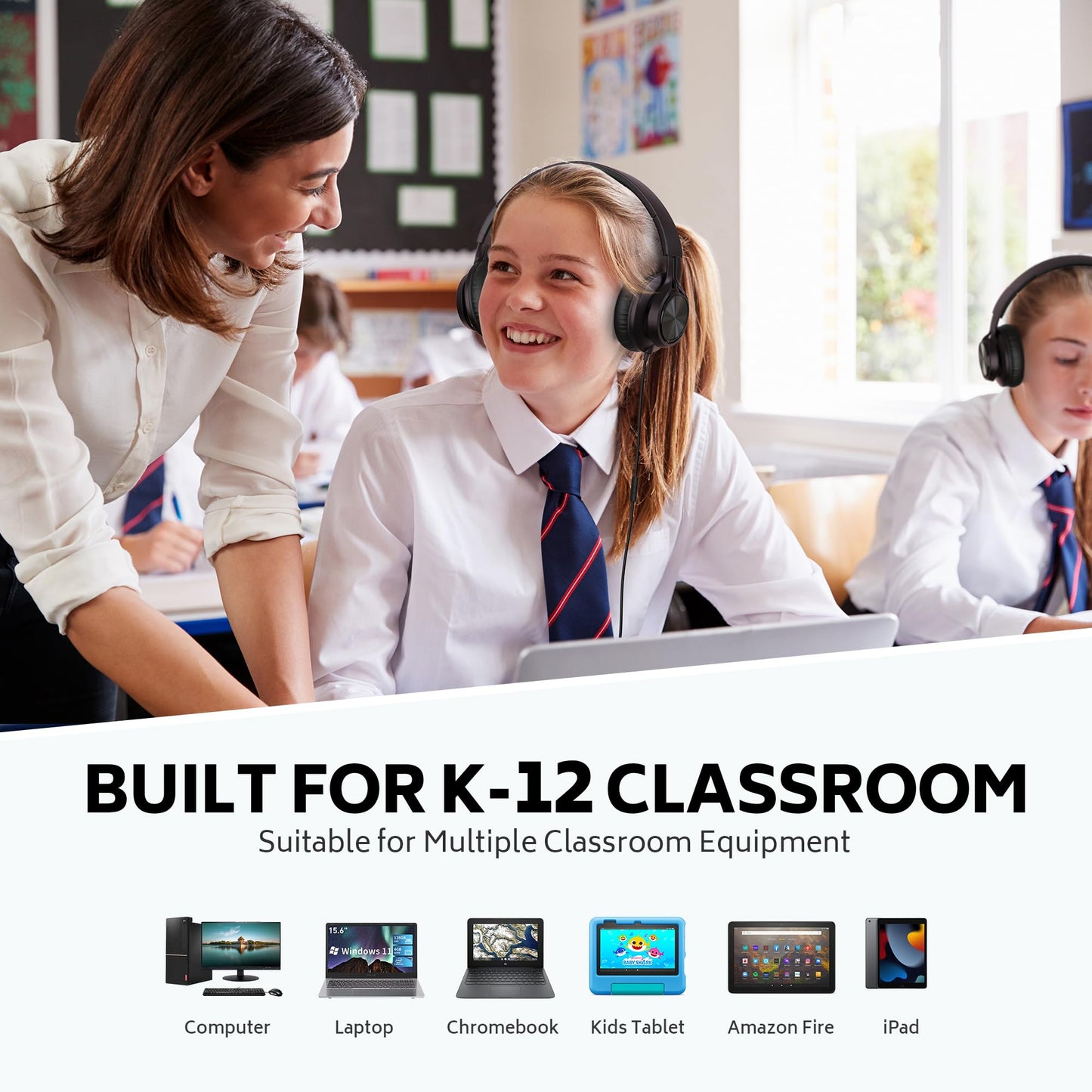 AILIHEN Headphones Wired 6 Pack Bulk with Microphone for School, Over-Ear Headsets for Kids Students, Teens, Adult, Classroom, Library, Chromebook, Laptop, Adjustable, Foldable, 3.5mm Jack (Black)