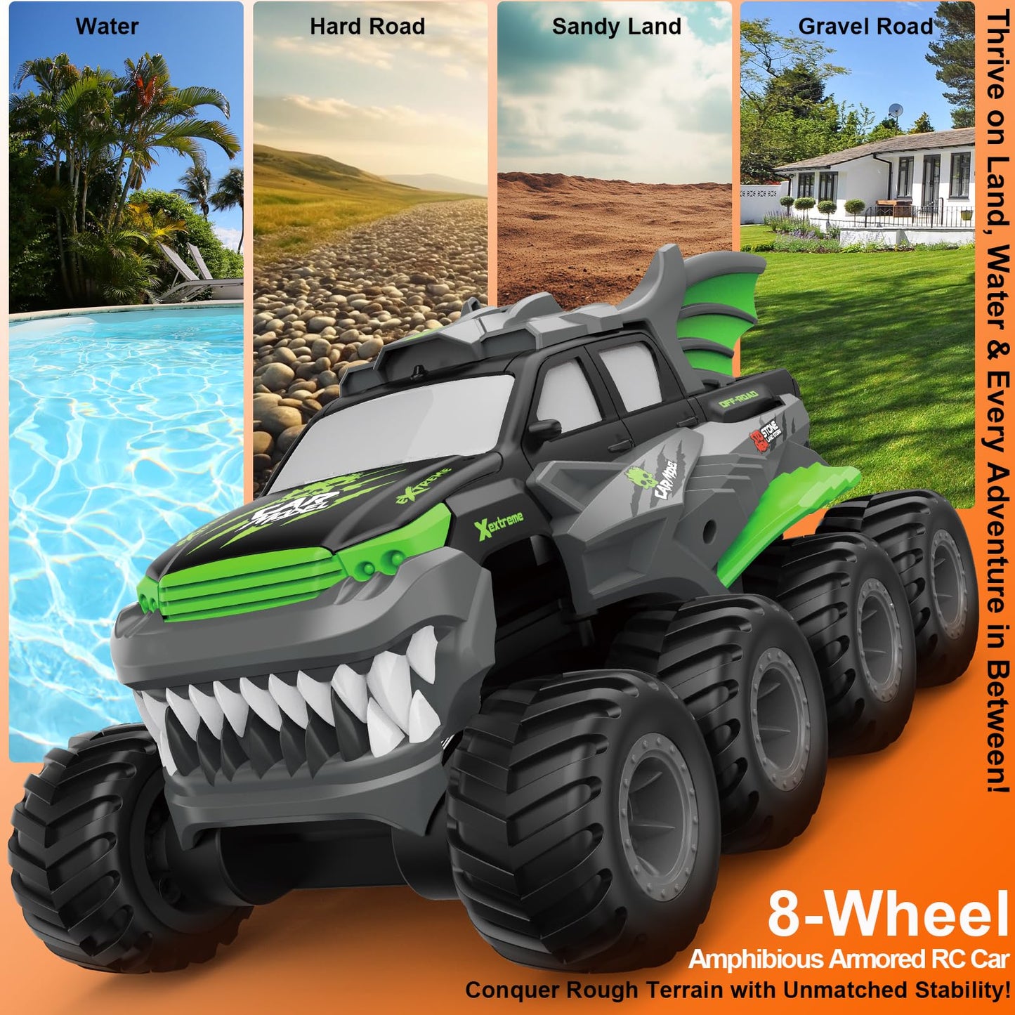 Amphibious Remote Control Car 8WD RC Monster Truck with 2 Rechargeable Batteries for Boys Age 8-12 Offroad Waterproof RC Pickup All Terrain RC Drift Cars Beach Pool Toys Gifts for Kids Green