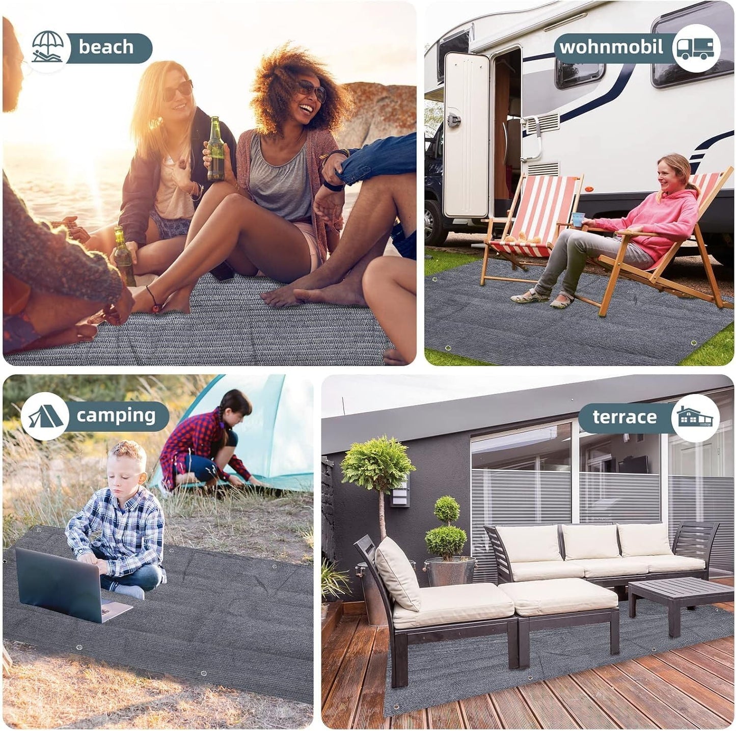FoundGo Awning Carpet HDPE Camping Outdoor Rug with Eyelets,Nails,Broom,for RV,Patio,Backyard,Picnic,Beach,Trailer 9'*12' (2.74 * 3.66m) -Blue Grey