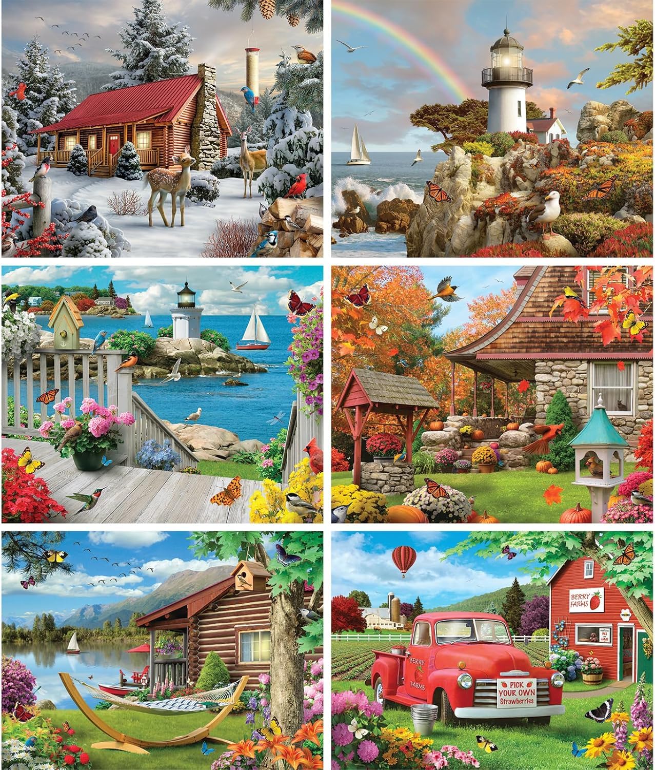 Bits and Pieces - Alan Giana 6-in-1 Multipack Puzzle Set for Adults - Serene Seasons - Two 300, Two 500, & 2 1000 pc Winter Light House Beach Autumn Lake Farm Puzzle Set Jigsaws