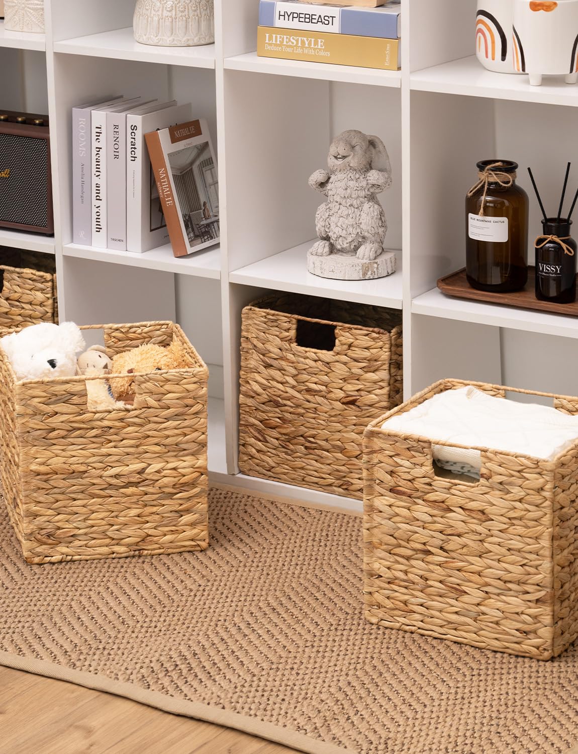StorageWorks Wicker Storage Baskets, Basket Storage Organization for Pantry, Water Hyacinth Baskets with Lining for Shelves, Handwoven Rectangle Cube Bin, Panier Osier Rangement, Large, 2-Pack