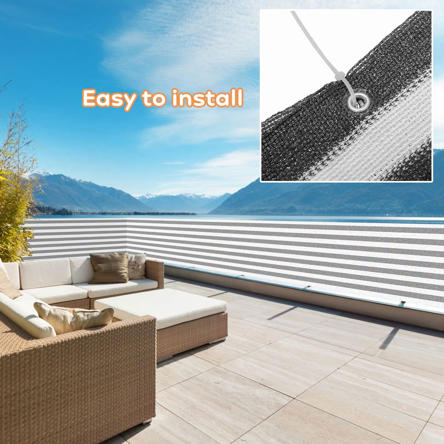 Balcony Privacy Screen Cover, 3ft *16.5ft Fence Privacy Screen Mesh Windscreen UV Protection Weather-Resistant for Balcony, Deck, Patio, Porch, Railing, Garden-Include Cable Ties (Grey and White)