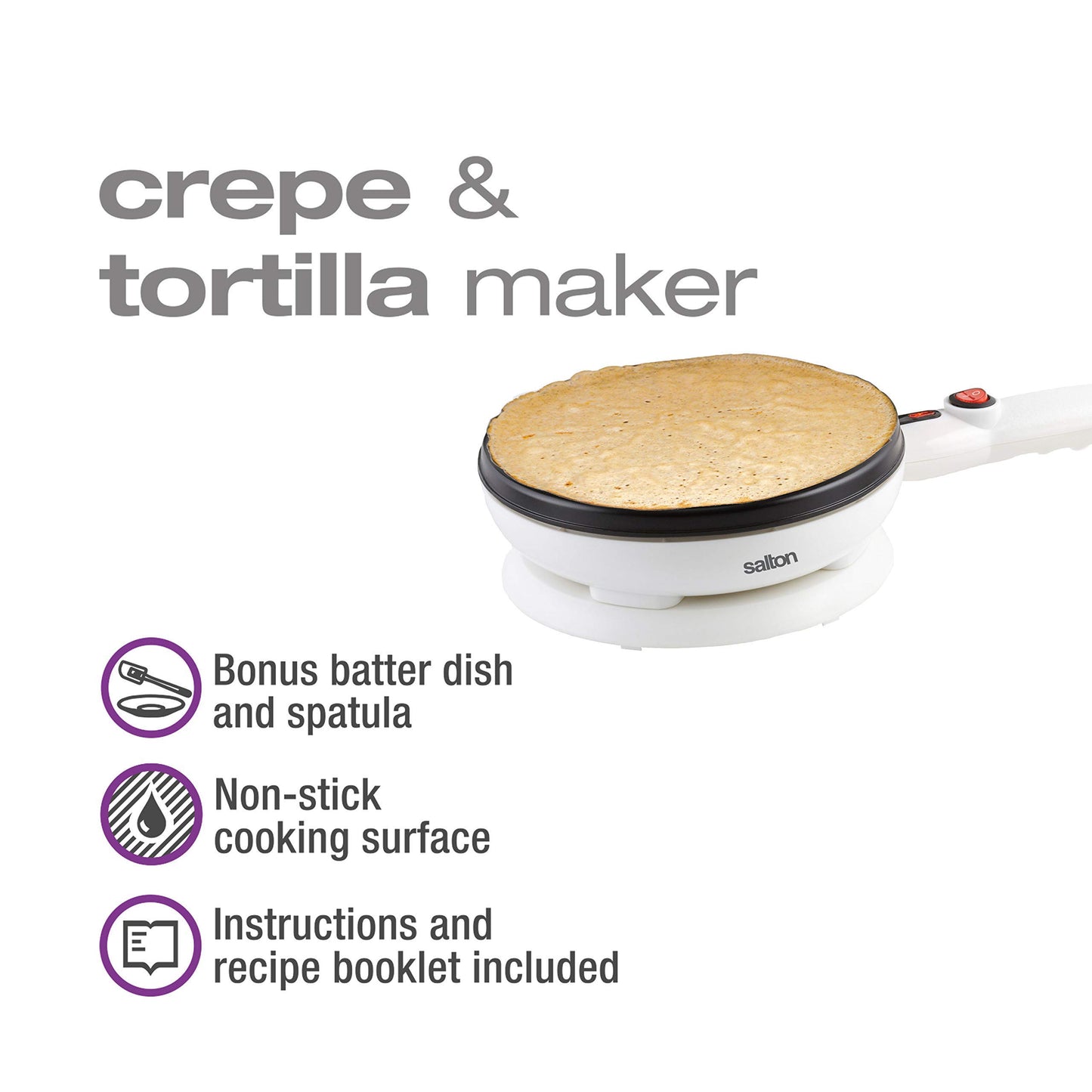 Salton Cordless Crepe & Tortilla Maker | Bonus Batter Dish & Spatula | Non-Stick Surface | Automatic Temperature Control | Makes 7.5β Crepes & Tortillas | 800W | White | 100% Canadian-owned & operated