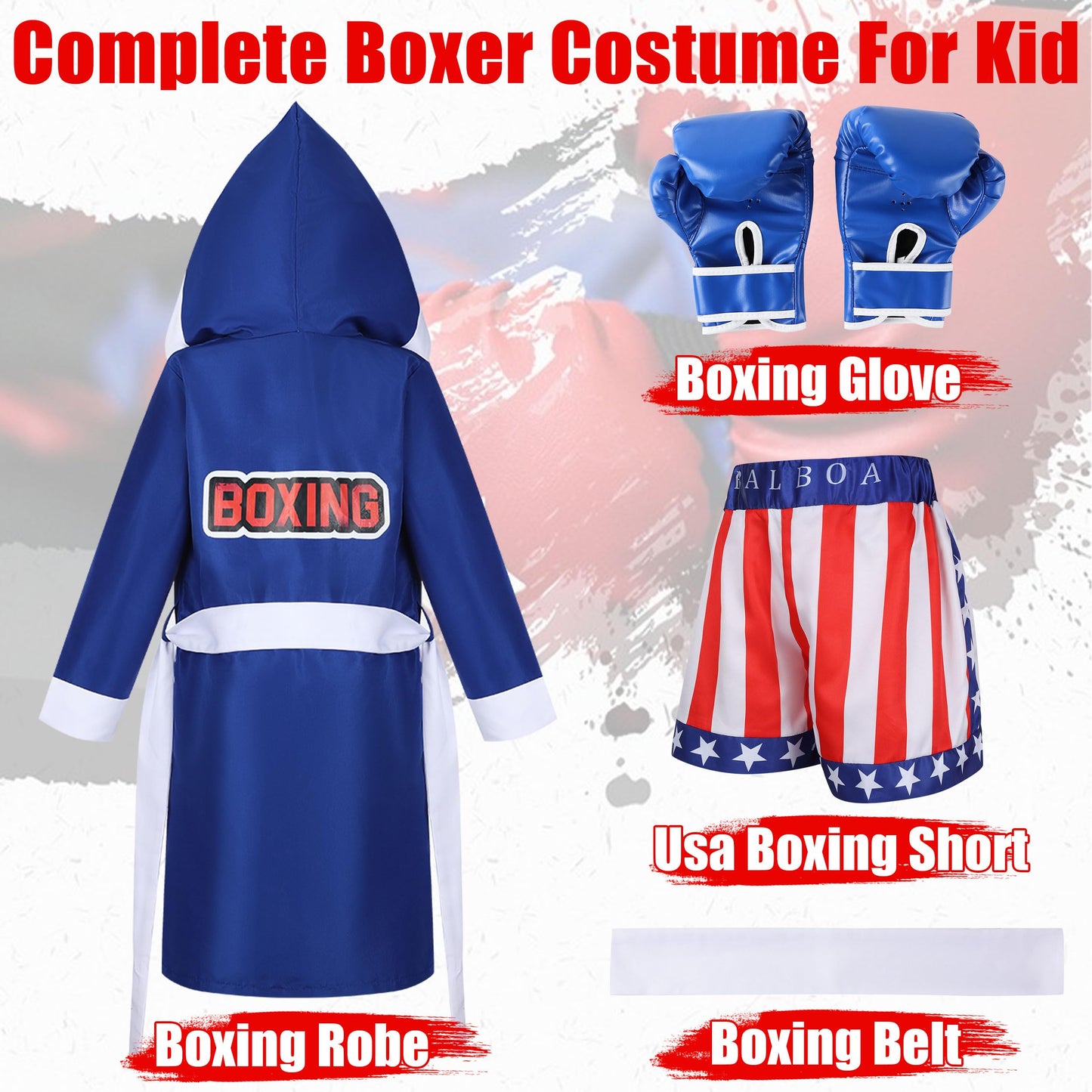 Kosgraiy Boxing Costumes Kids with Glove Robe Shorts,Halloween Boys Boxer Suit,American Boxing Robe,Boy Boxer Outfit,M