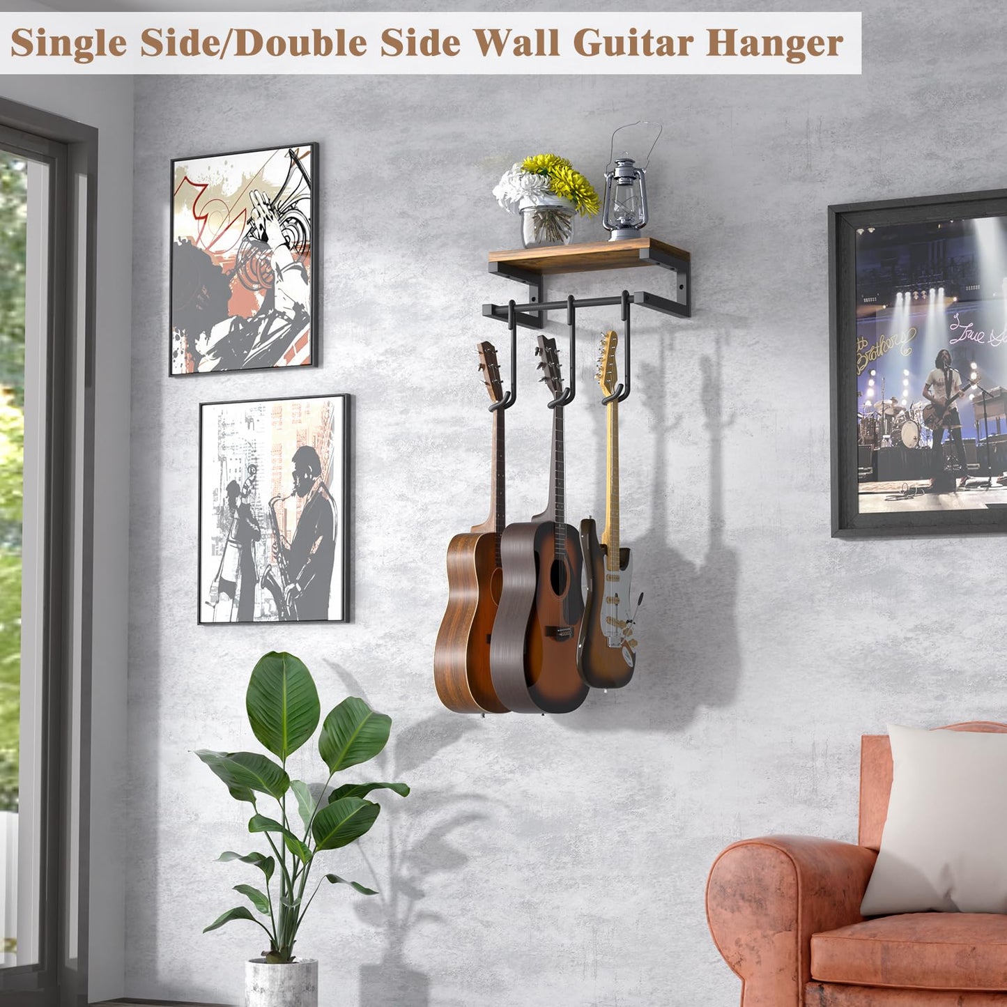 Guitar Wall Mount Hangers Holds 3 Guitars with Rustic Shelf, 3-Detachable Guitar Stand Hooks Universal Fit for Acoustic, Electric, Bass & Ukulele
