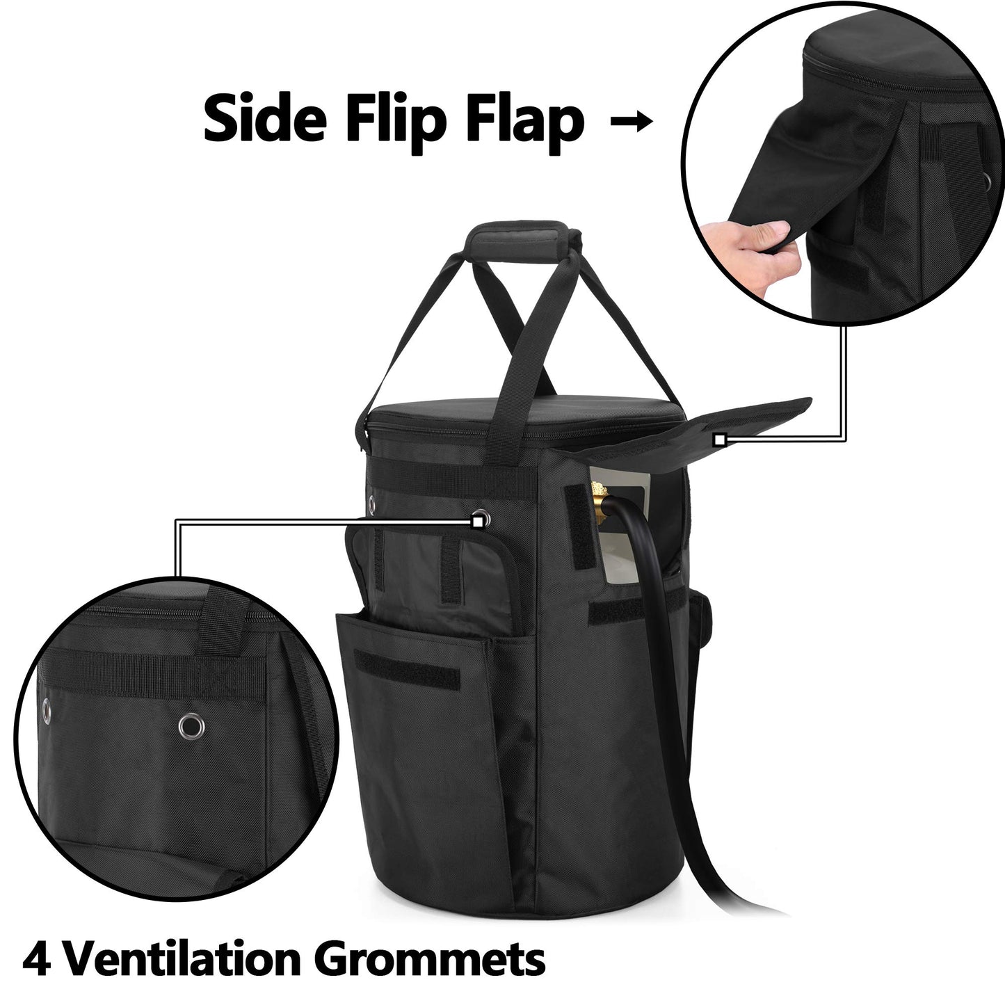 SAMDEW Propane Tank Cover, 20 lb Propane Tank Gas Bag with Side Flip Flap and Stable Tabletop Feature, 2 Storage Pockets, Ventilated with 4 Holes, Water & Wear Resistant, Black, Bag Only