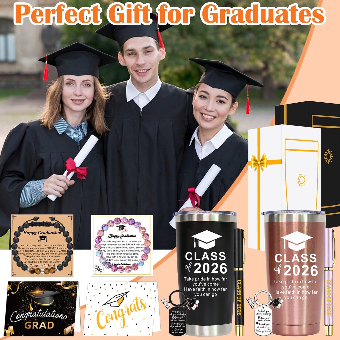 2 Pack Graduation Gifts, Class of 2026 Graduation Travel Tumbler, Inspirational 2026 Grad Gifts for Him Her High School Colleage Students Daughter Son Friends Master Gifts(Rose Gold & Black)