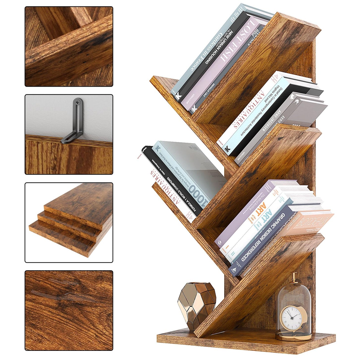 YMYNY 4-Tier Tree Bookshelf, Small Bookcase, Modern Wood Book Storage Rack, Freestanding Book Shelf for Books/Movies/CDs, Narrow Display Rack for Living Room, Home Office, Rustic Brown HBC014H