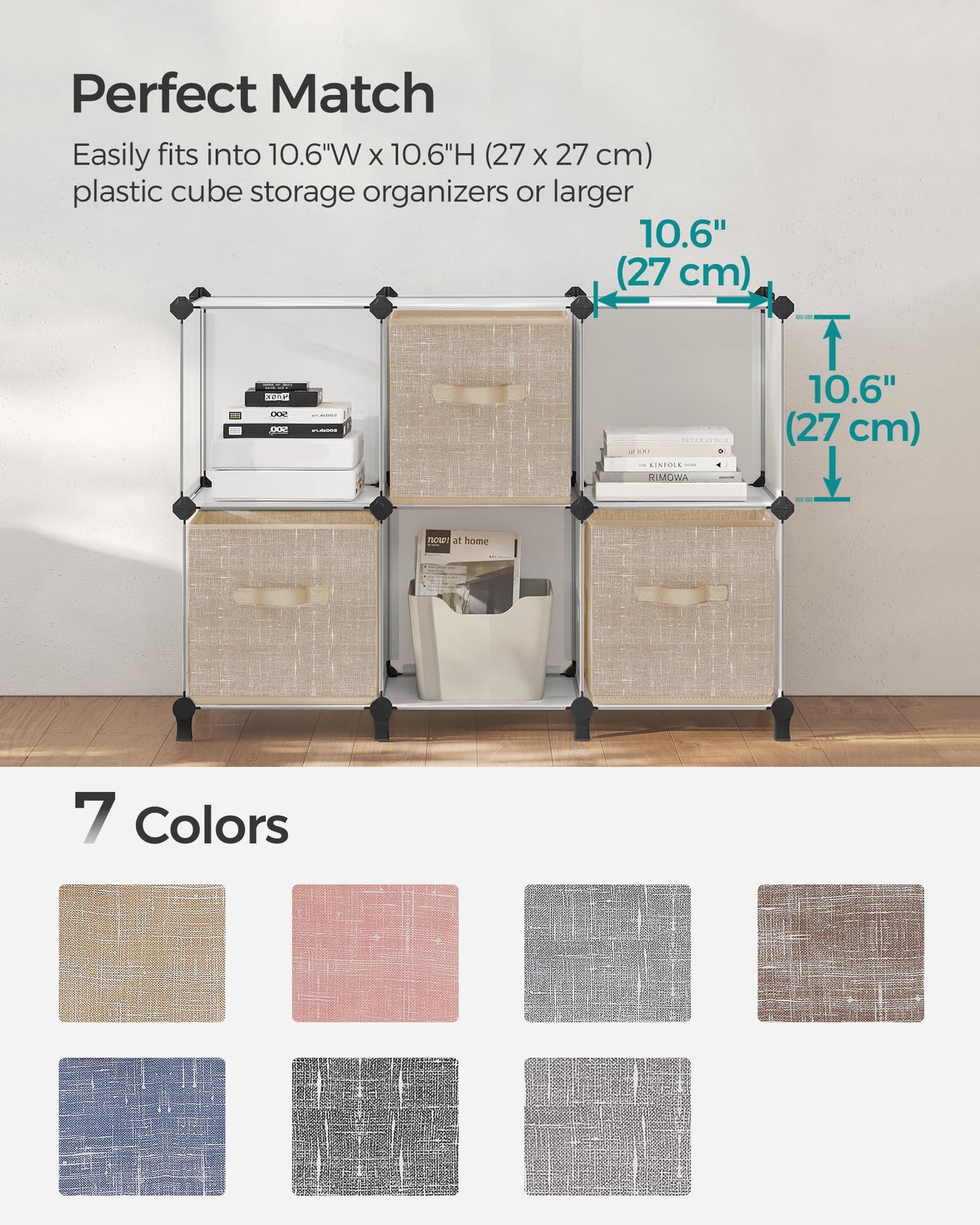SONGMICS Storage Cubes, 28 cm Non-Woven Fabric Bins with Double Handles, Set of 6, Closet Organizers for Shelves, Foldable, for Clothes, Sand Beige UROB026K03