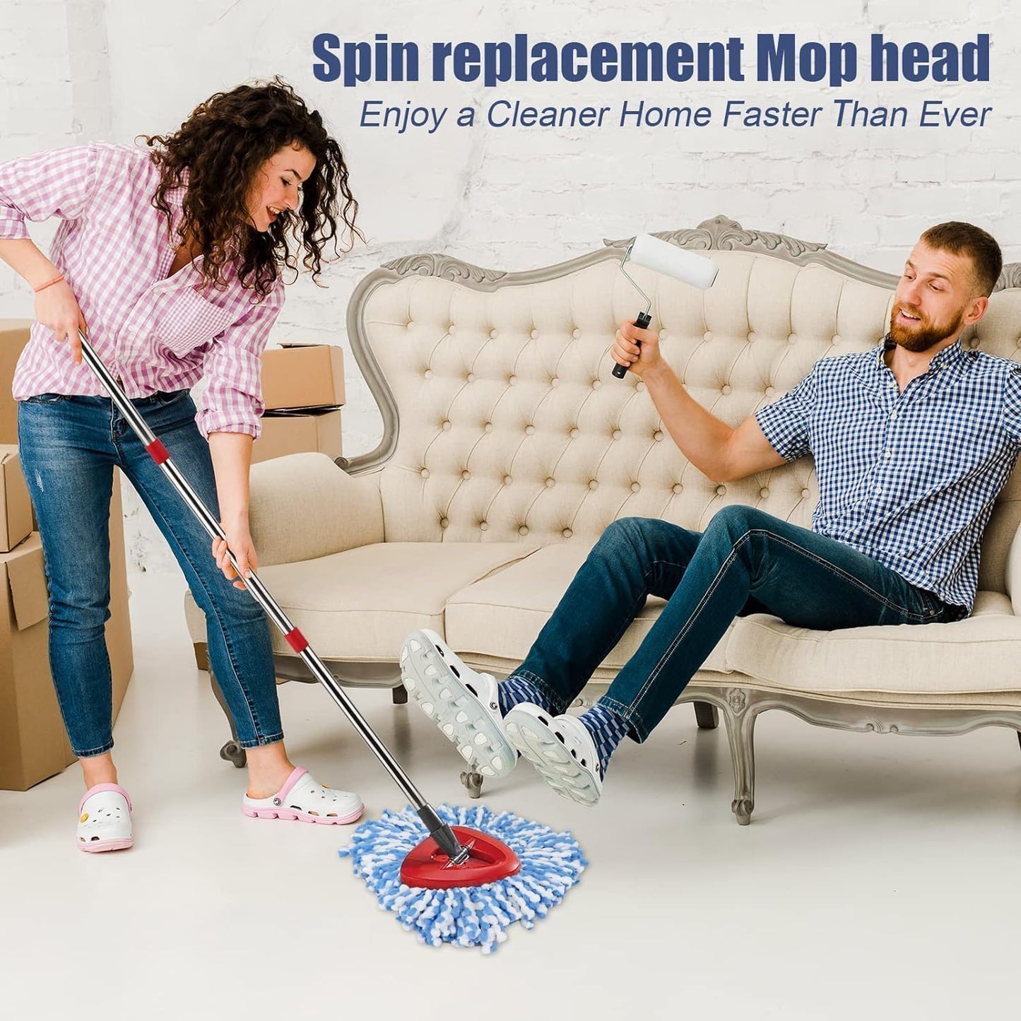 RinseClean Spin Mop Head Refill for Vileda EasyWring 2-Tanks System - Rotating Microfiber Triangle Replacement Pads Washable & Reusable fit All Floor - 6 Cloth 1 Mop Base 1 Handle 2 Brush