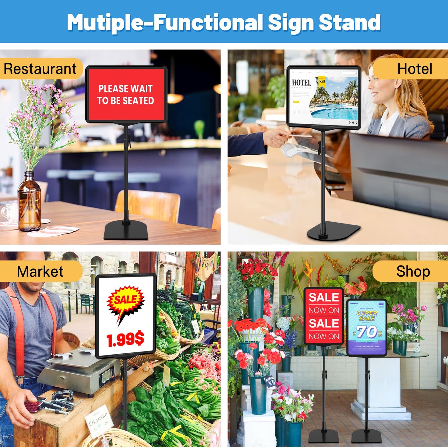 VAIIGO 4Pack Sign Stand for Display 8.5 x 11, Adjustable Poster Stand for Table Top & Floor, Floor Standing Sign Holder, Metal Signage Stands for Business, Tradeshow, Store, Farm Display Stands