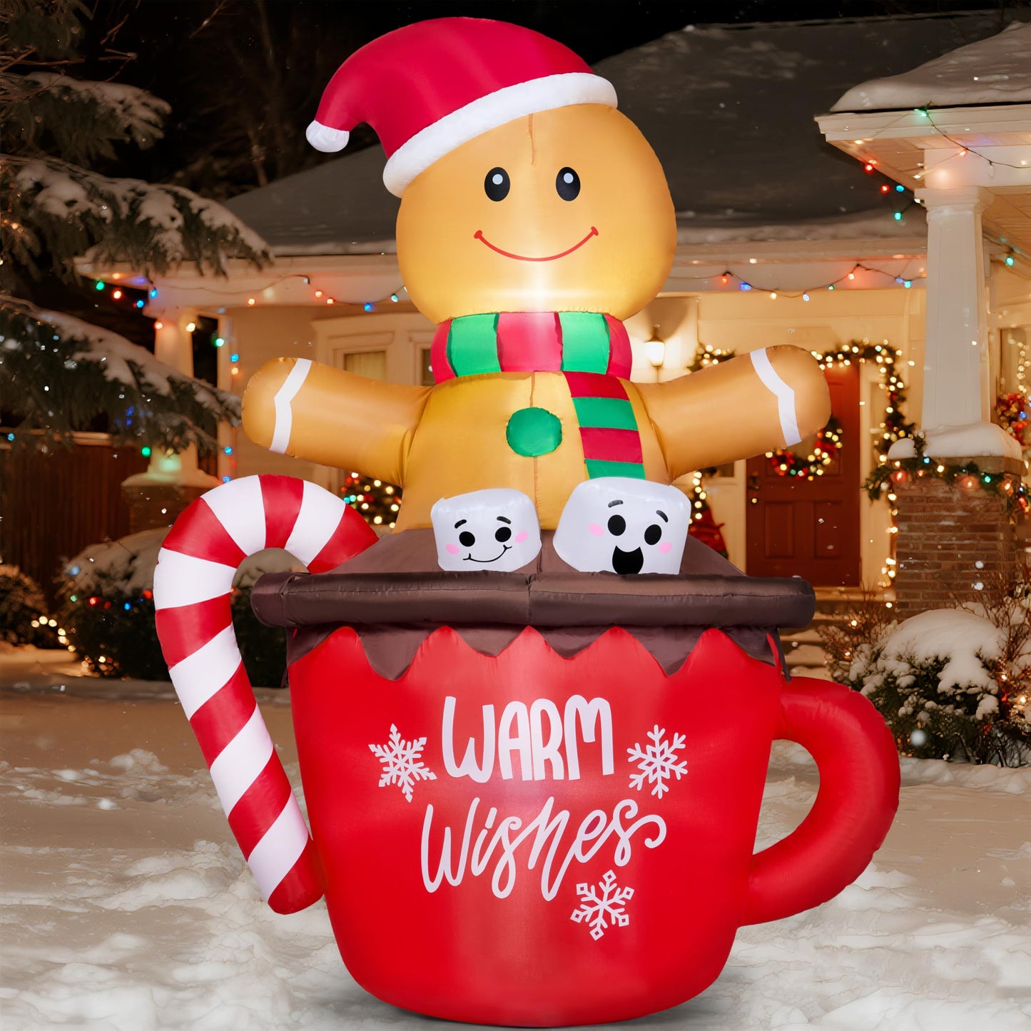 Joiedomi 6 FT Christmas Inflatable Outdoor Decorations, Inflatable Gingerbread Man in Hot Cocoa Mug with LEDs, Cute Christmas Blow Up Gingerbread Yard Decoration for Xmas Outdoor Garden Lawn Decor