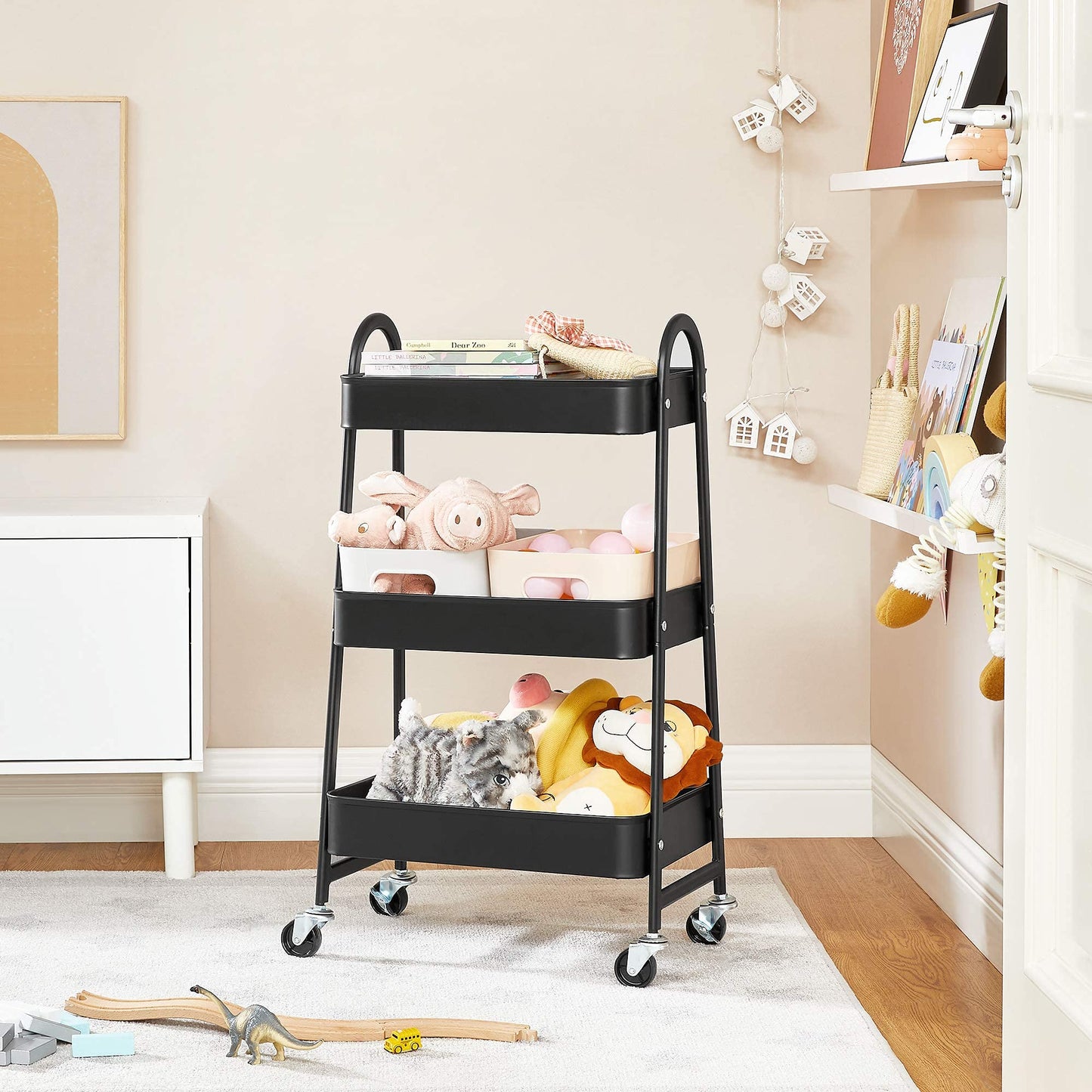 SONGMICS 3-Tier Utility Rolling Cart, Metal Storage Cart with 2 Brakes and Handles, Black UBSC068B01