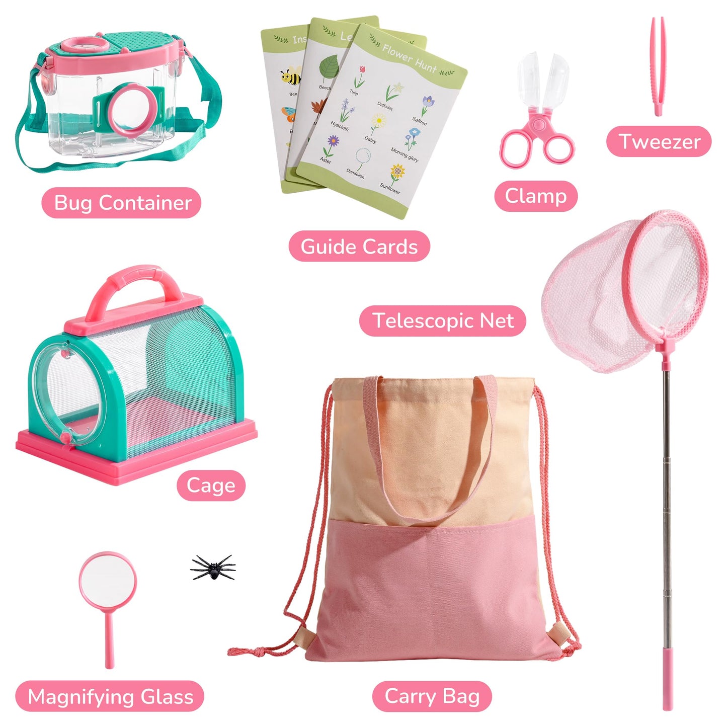 ROBOTIME Kids Explorer Kit & Bug Catcher Kit for Kids, 10PCS Bug Catcher Kit, Bug Catching Kit, Exploration Set Camping Gear for Toddlers, Outdoor Adventure Toys Gift for Girls 3-12 (Pink)
