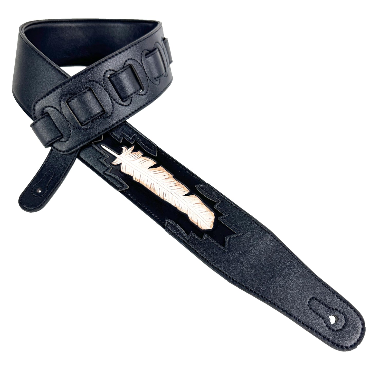 Walker & Williams CVG-115 Black Leather Padded Guitar Strap Hand Tooled Feather For Acoustic, Electric, And Bass Guitars, Black, Brown, Regular