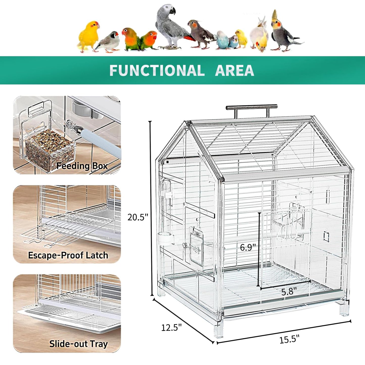 Small Bird Cage20.5 inch, Parrot Cage, Portable Bird Carrier, Travel Carrier Cage for Home, Outing, Pet Clinic, Temporary Placement, for Small Medium Birds(White)