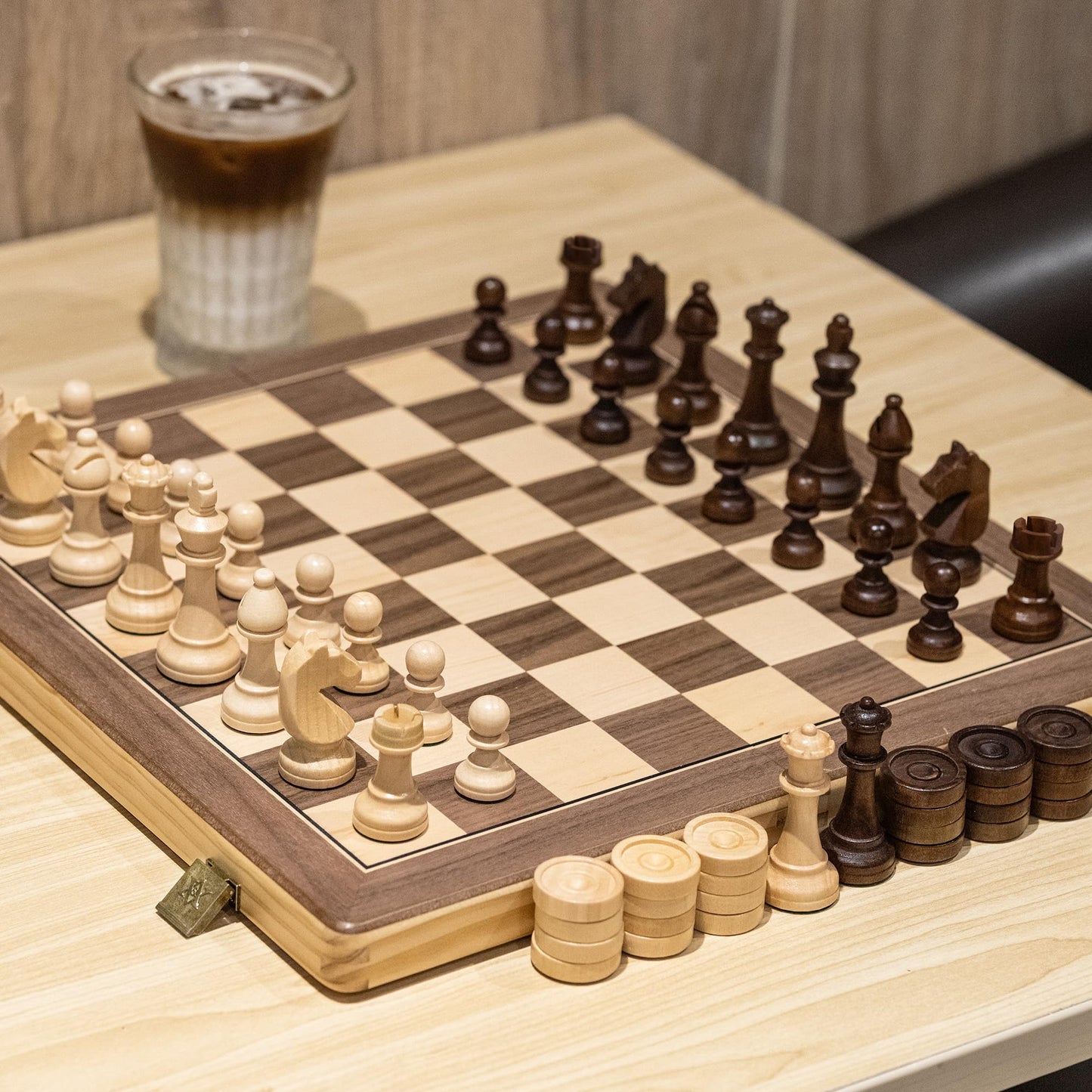 A&A 15 inch Wooden Folding Chess & Checkers Set w/ 3 inch King Height Staunton Chess Pieces / 2 Extra Queens