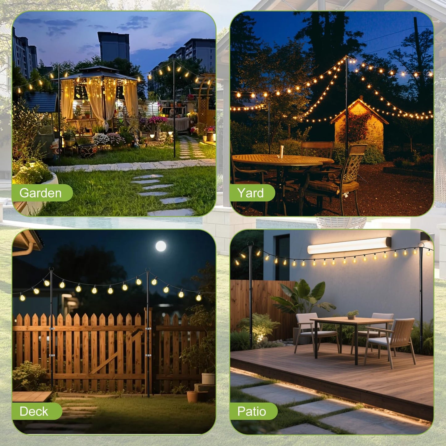 4 Pack 10FT String Light Poles, Heavy Duty Metal Light Poles for Outdoors, Adjustable Lighting Stand with Fork for Patio, Backyard, Garden, Deck, Party, Wedding, Christmas Decorations