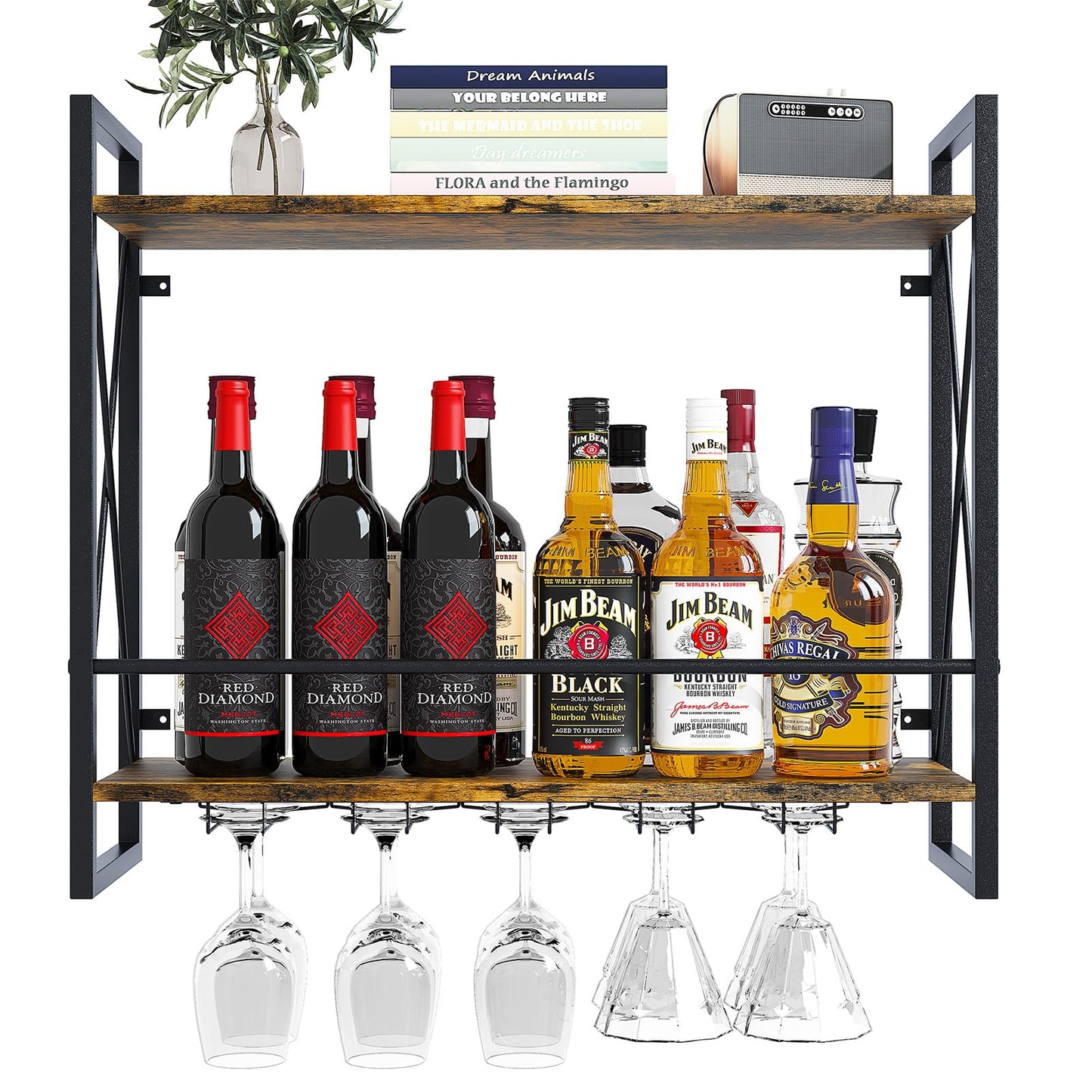 Dokser Wine Rack Wall Mounted 2 Tier Shelf, Wall Wine Rack with Rustic Wood & Industrial Iron Frame, Wine Bottle Holder for Kitchen, Dining Room, Home Bar Decor (Brown)