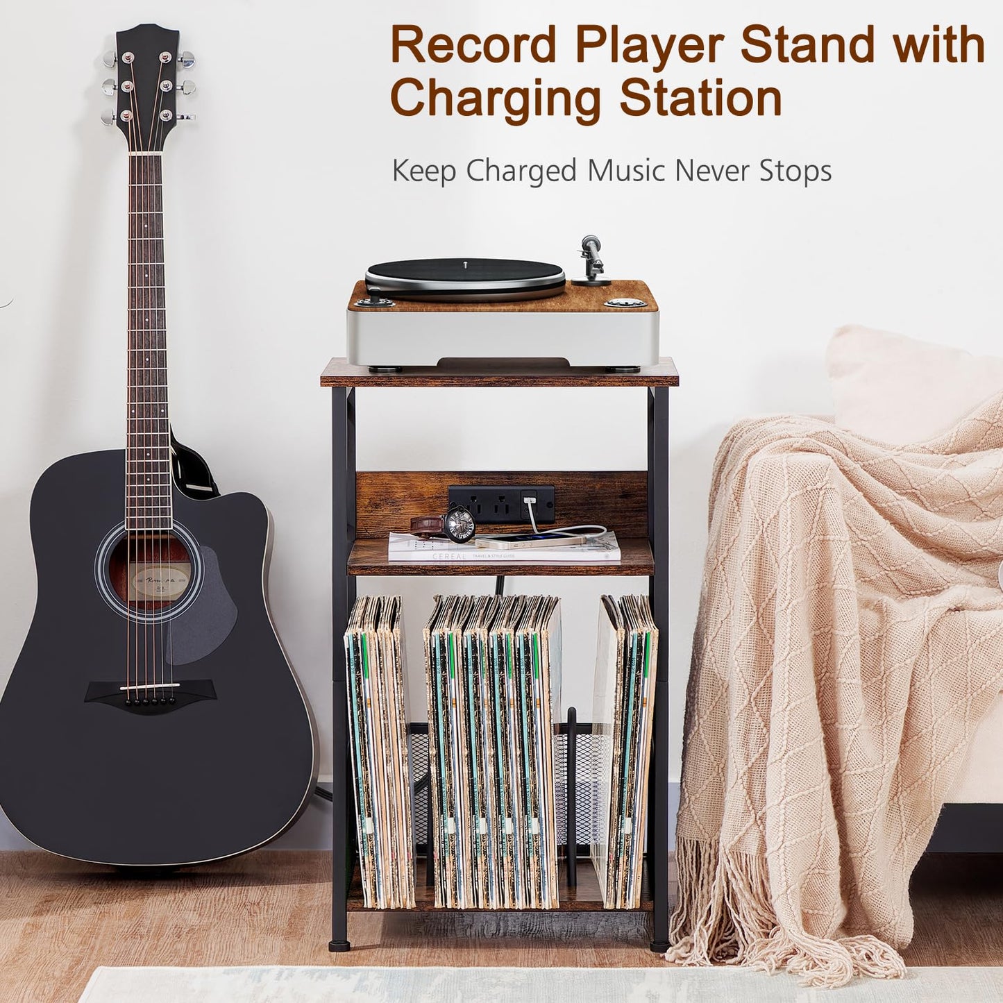 AMHANCIBLE Record Player Stand with Charging Station, Turntable Stand with Storage Cabinet, 3 Tier End Table Hold Up to 100 Albums, Record Stand for Vinyl, Living Room, Rustic Brown, HETCD01BR-1