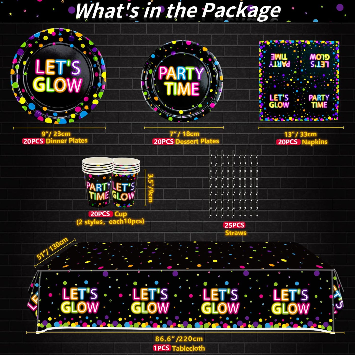398 Pcs Glow in The Dark Party Supplies - Include Glow in The Dark Balloons, Banner, Glow Sticks, Tableware and Tablecloths for Glow Party Supplies Black Light Neon Party Decorations, Serve 20