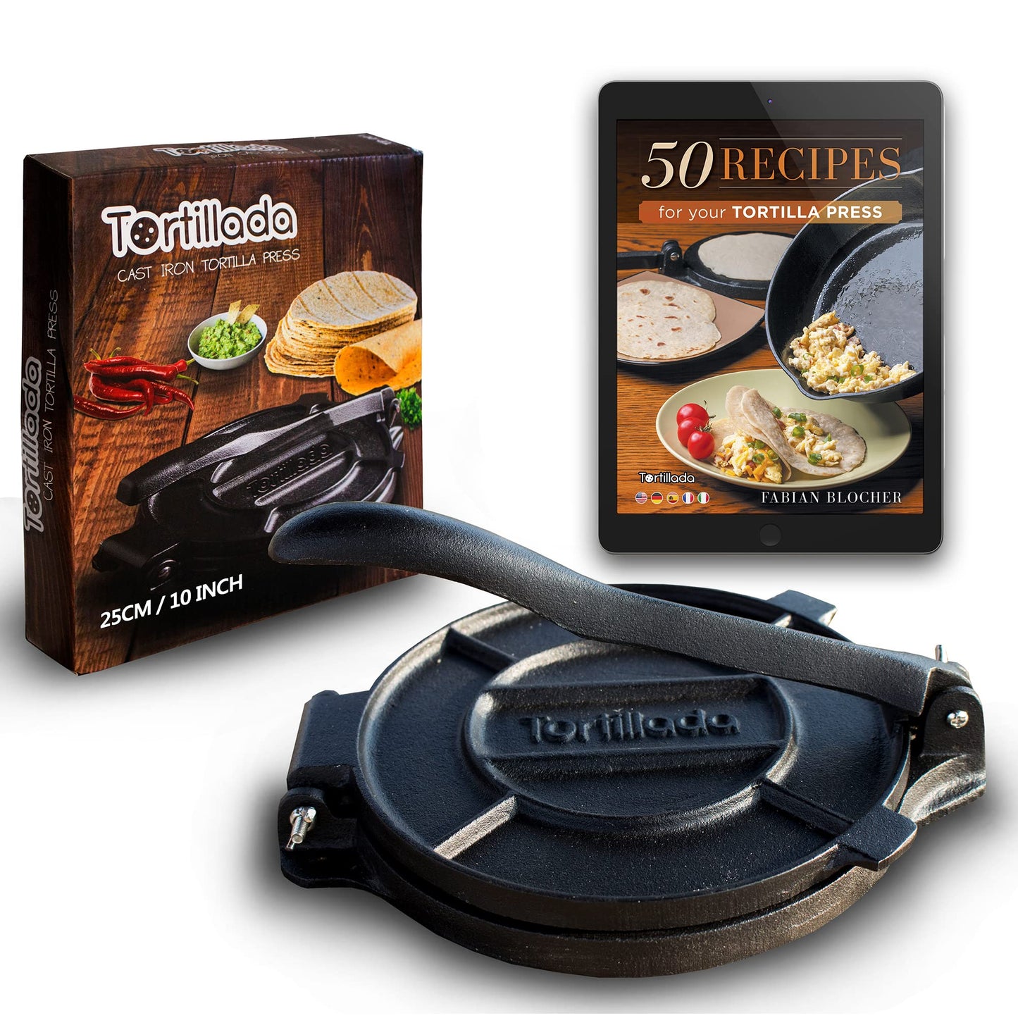 Tortillada – Tortilla Press, Quesadilla/Roti Maker (25 cm) Cast Iron with Recipes E-Book 50 Tortilla Recipes