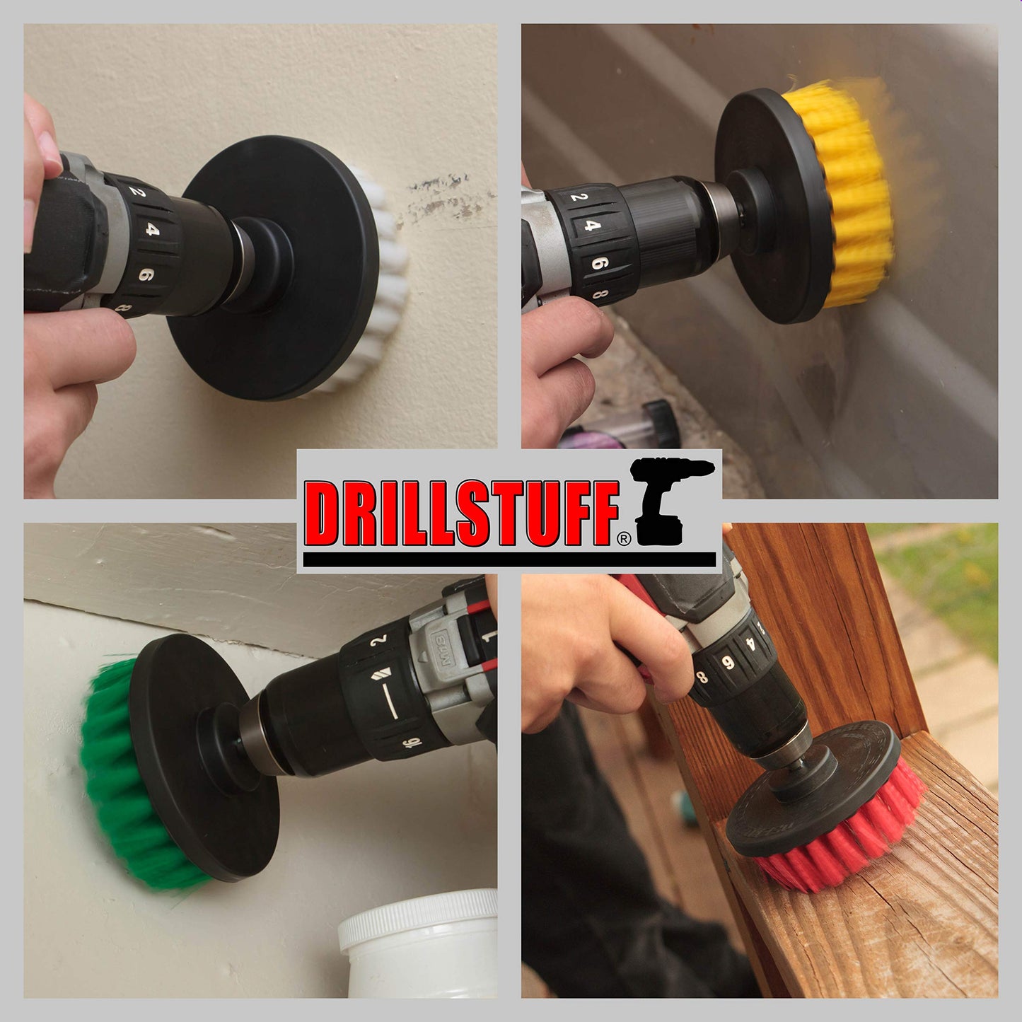 4in 4 Piece Soft, Medium and Stiff Power Scrubbing Brush Drill Attachment for Cleaning Showers, Tubs, Bathrooms, Tile, Grout, Carpet, Tires, Boats by DrillStuff
