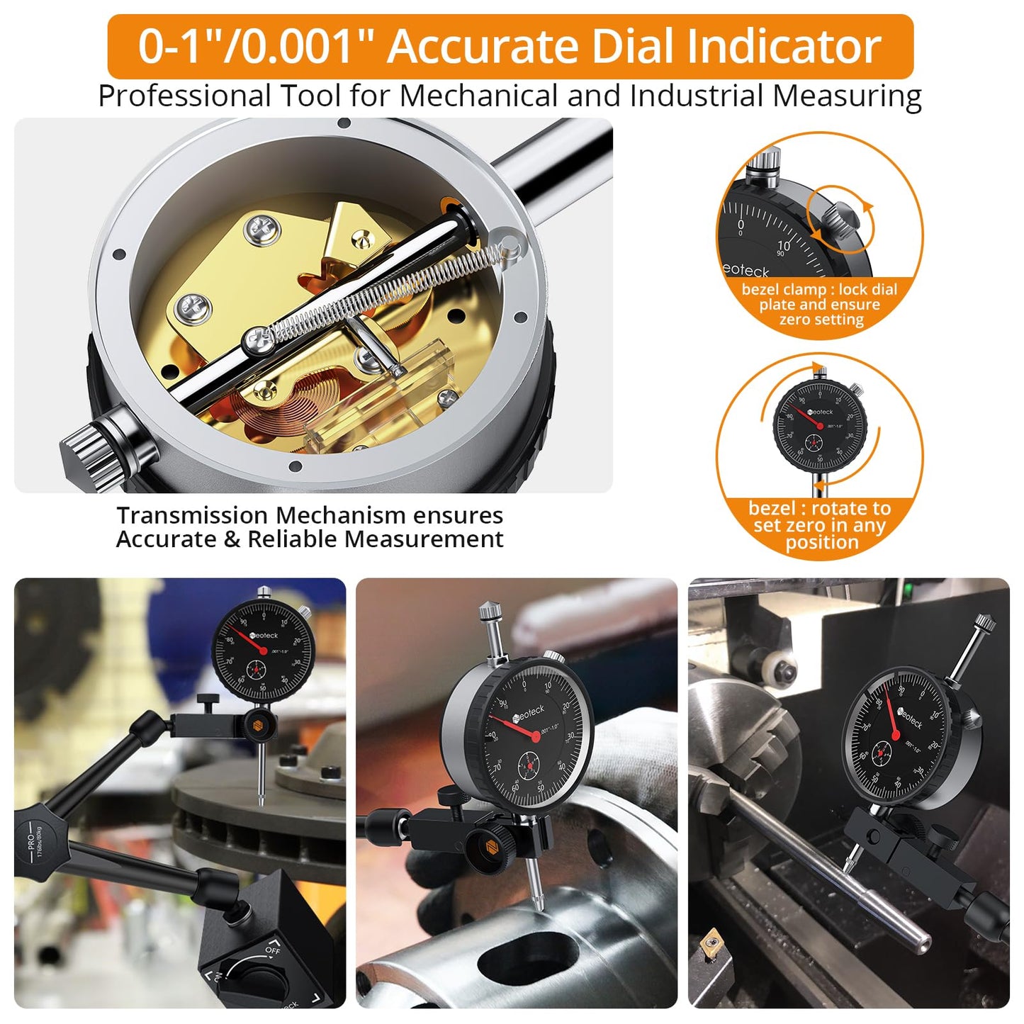 Neoteck 0-1"/0.001" Dial Indicator and Magnetic Base Set with Storage Case, Measuring Tool Dial Gauge and Magnetic Holder for 3D Printer Lathe Workshop CNC Machine Table Saw- 176lbs (80kg) Max Pull