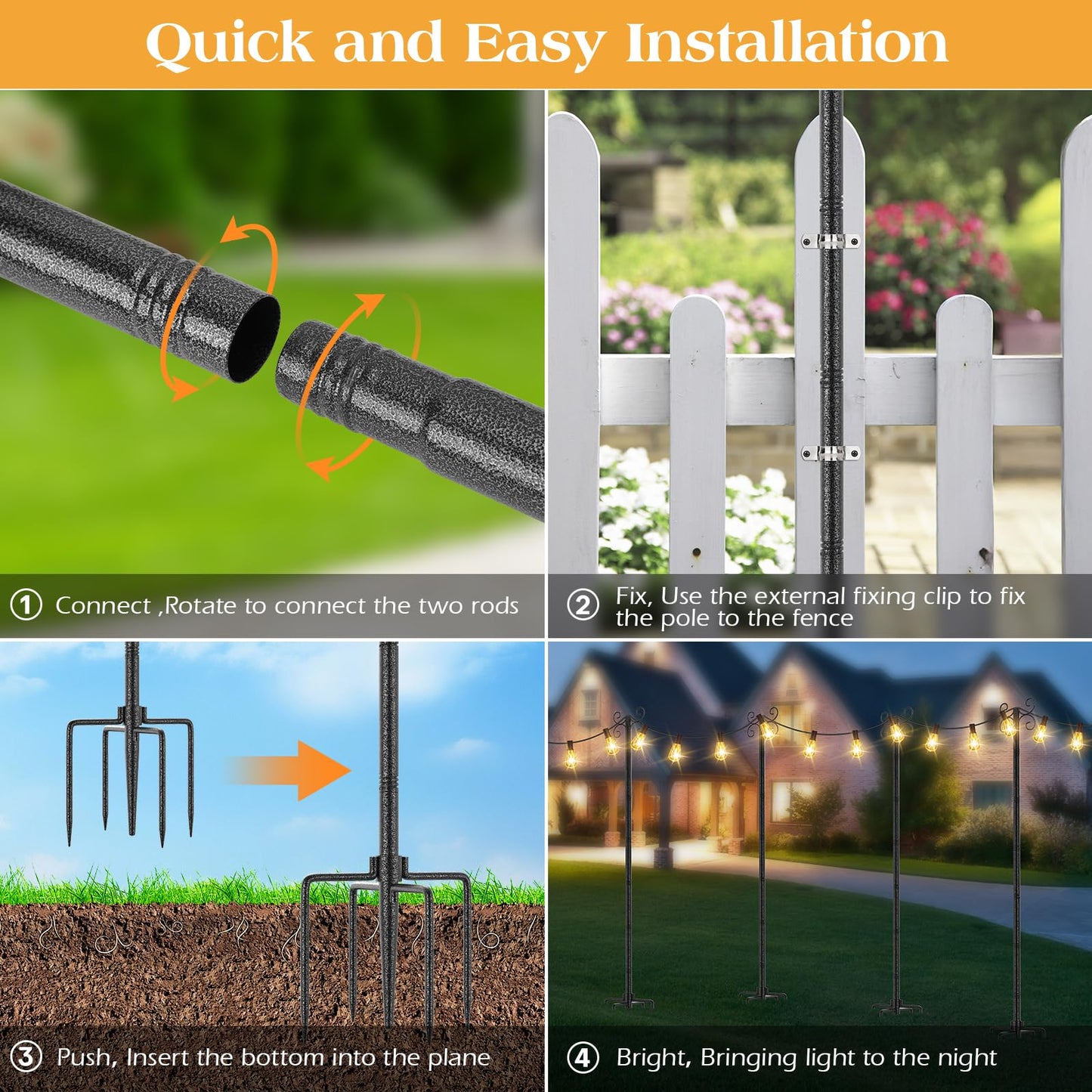 4 Pack String Light Poles, 10Ft Adjustable Height Metal Lights Pole with 4 Hooks and Rustproof, for Yard Patio Decor, Camping, Sun Shades Outdoor, Outside Decor