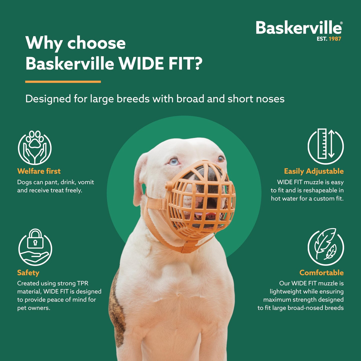 Baskerville Wide Fit Muzzle - for Large Broad Nosed Dogs, Boxer, Rottweilers, Breathable, Dog can Pant and Drink, Prevents Biting, Dog Training Muzzle for Medium and Large Dogs (Size 2)