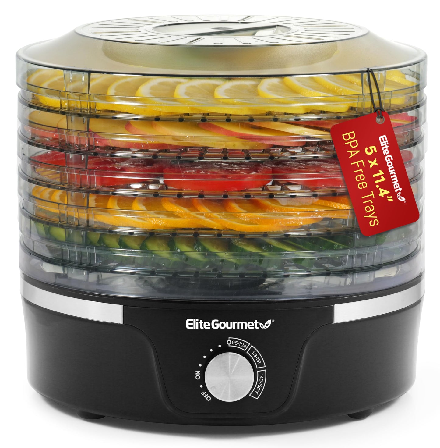 Elite Gourmet Electric Food Dehydrator, 5 BPA-Free 11.4” Trays, Adjustable Temperature 95°F–158°F, 350W Snack Maker for Jerky, Fruit, Vegetables, Herbs & Pet Treats, Black