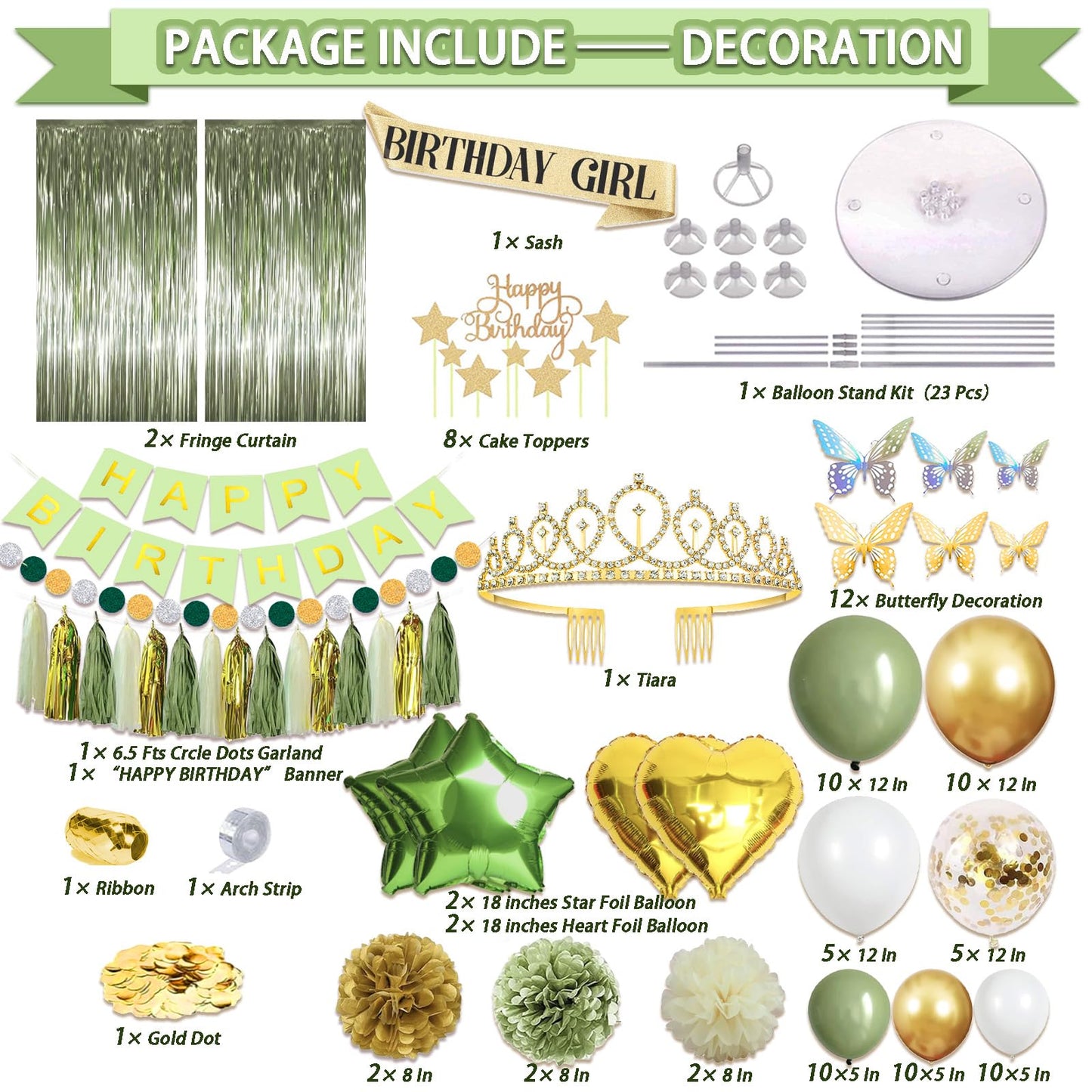 222 Pcs Sage Green Happy Birthday Decorations, Birthday Decorations for Women or Girl Kit- Disposable Dinnerware Set with 25 Guest, Balloons, Sash, Tiara, Banner, Paper Pom Poms