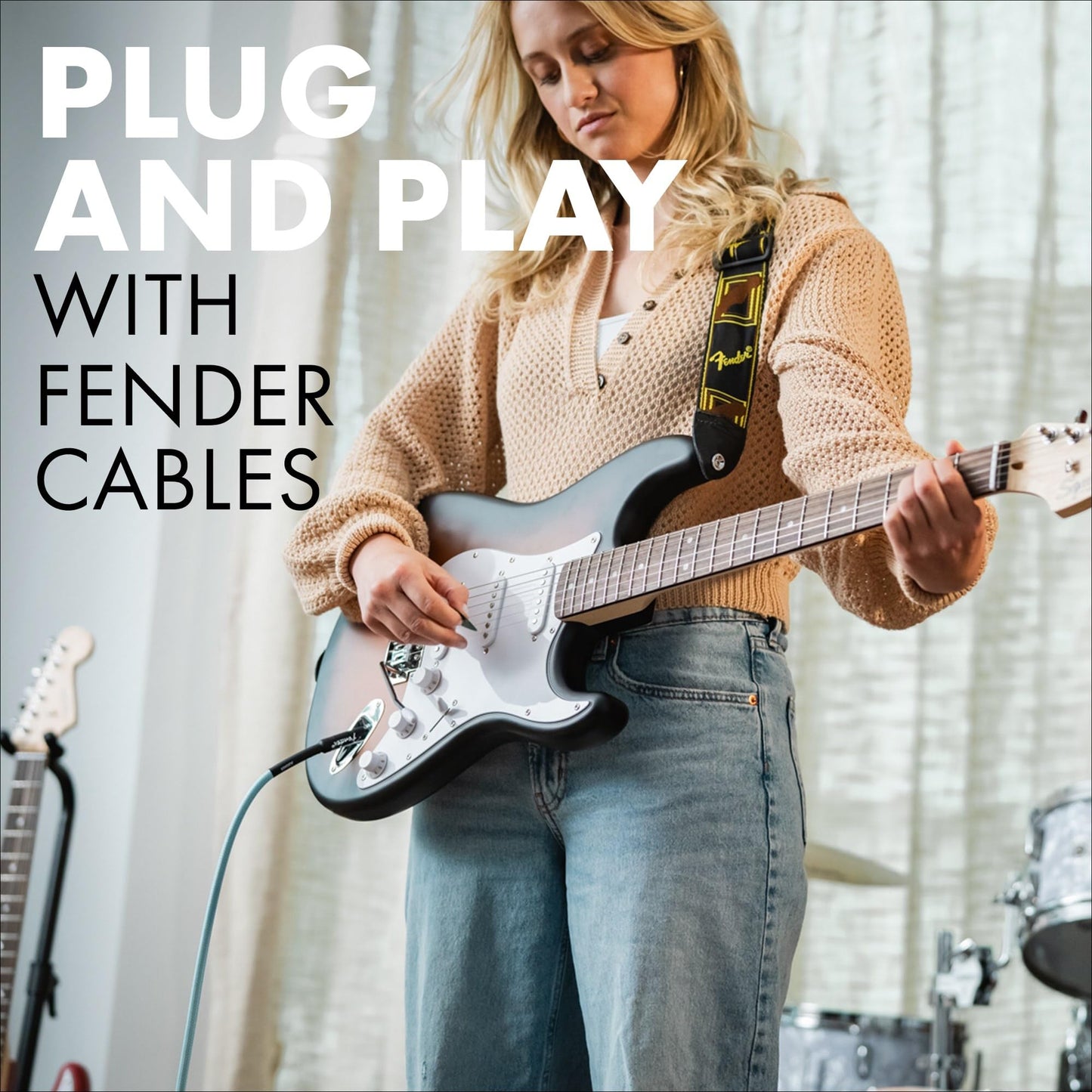 Fender Professional Series Tweed Instrument Cable, Guitar Cable, Guitar Accessories with 1-Year Warranty, Straight/Straight, Anti-Kinking Design, Daphne Blue, 18.6ft