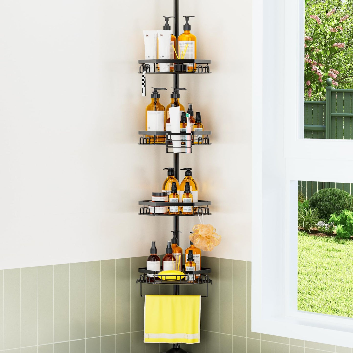 Shower Caddy Corner Tension Pole Stainless Organizer for Bathroom, Rustproof 4 Large Shelves and 2 Small Basket for Bathtub Shampoo Accessories Storage, 23.6 to 114.5 Inch Height Adjustable (Black)