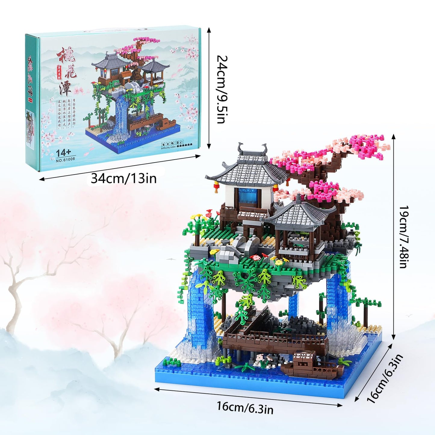 CAXIMSY Cherry Blossom Bonsai Tree House Building Block Sets with Acrylic Display Cover 3320PCS Chinese Architecture of Peach Blossom Micro Mini Building Set Toy Gift for Kids Adults
